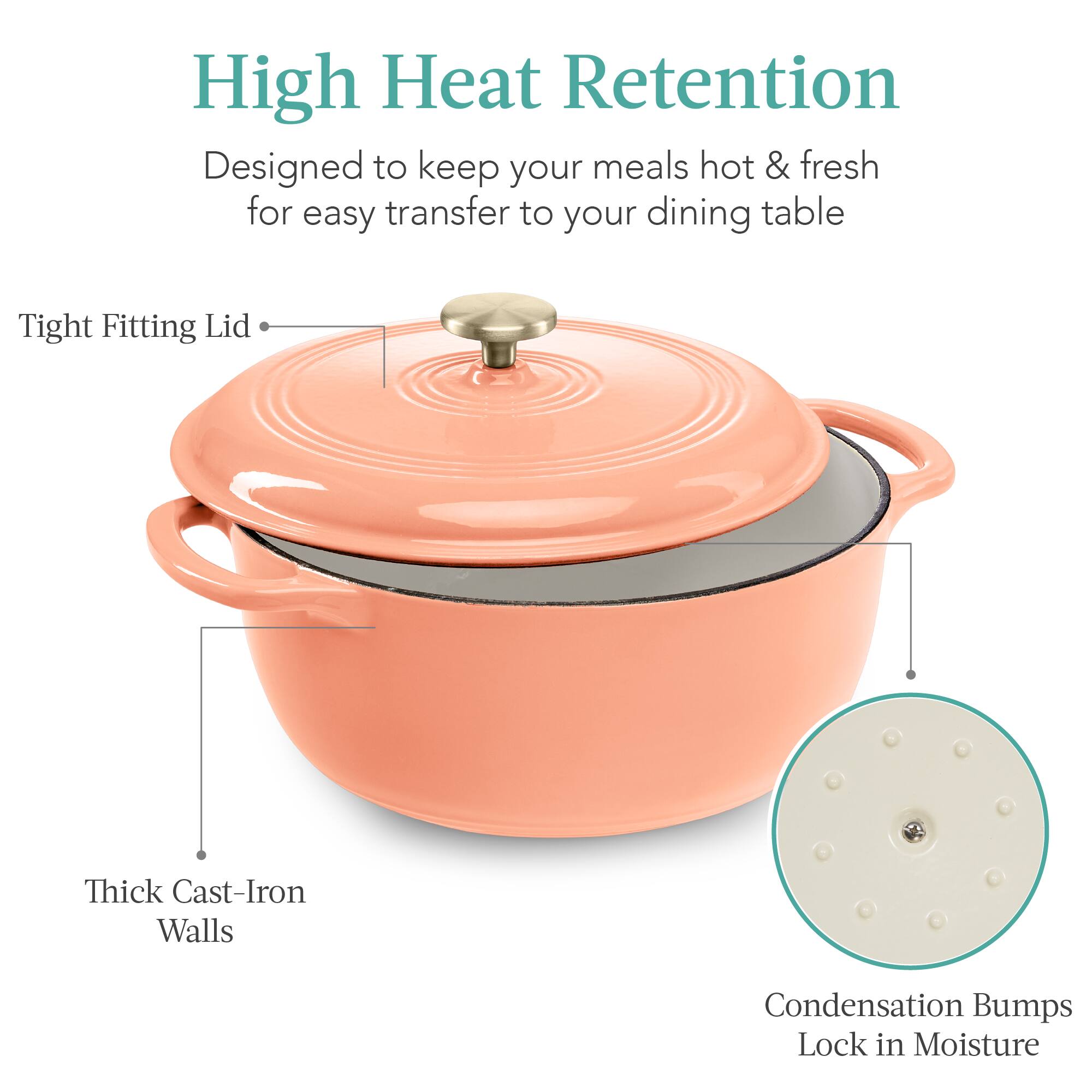 High Heat Retention  
Designed to keep your meals hot & fresh for easy transfer to your dining table  

- Tight Fitting Lid  
- Thick Cast-Iron Walls  
- Condensation Bumps Lock in Moisture