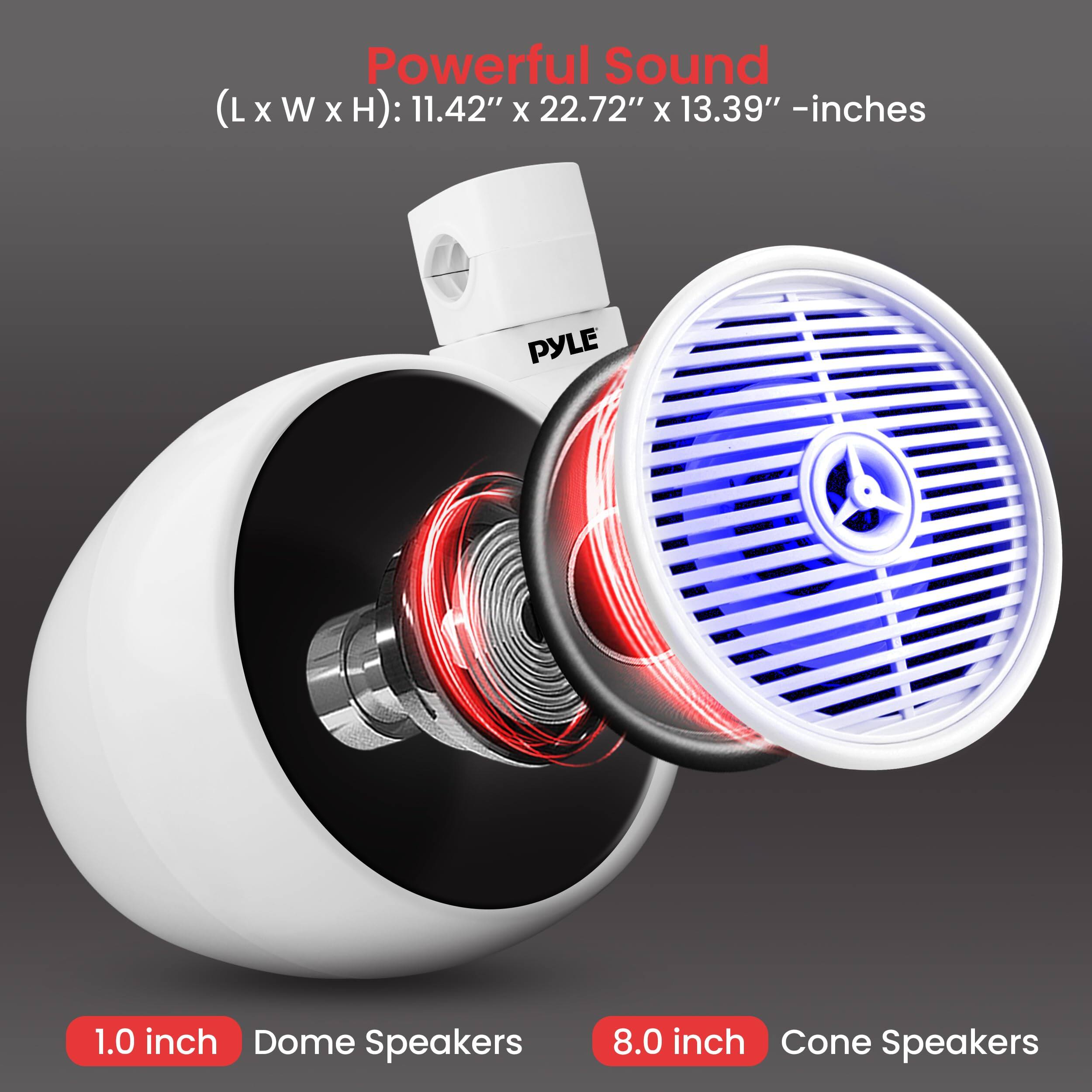 Powerful Sound (LxWxH): 11.42" X 22.72" X 13.39" -inches
PYLE
1.0 inch Dome Speakers
8.0 inch Cone Speakers