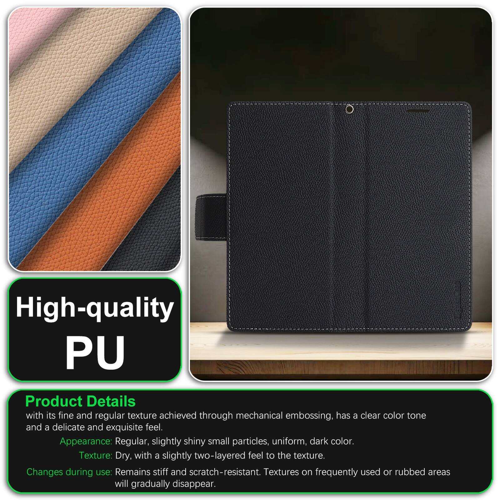High-quality PU

Product Details

with its fine and regular texture achieved through mechanical embossing, has a clear color tone and a delicate and exquisite feel.

Appearance: Regular, slightly shiny small particles, uniform, dark color.

Texture: Dry, with a slightly two-layered feel to the texture.

Changes during use: Remains stiff and scratch-resistant. Textures on frequently used or rubbed areas will gradually disappear.