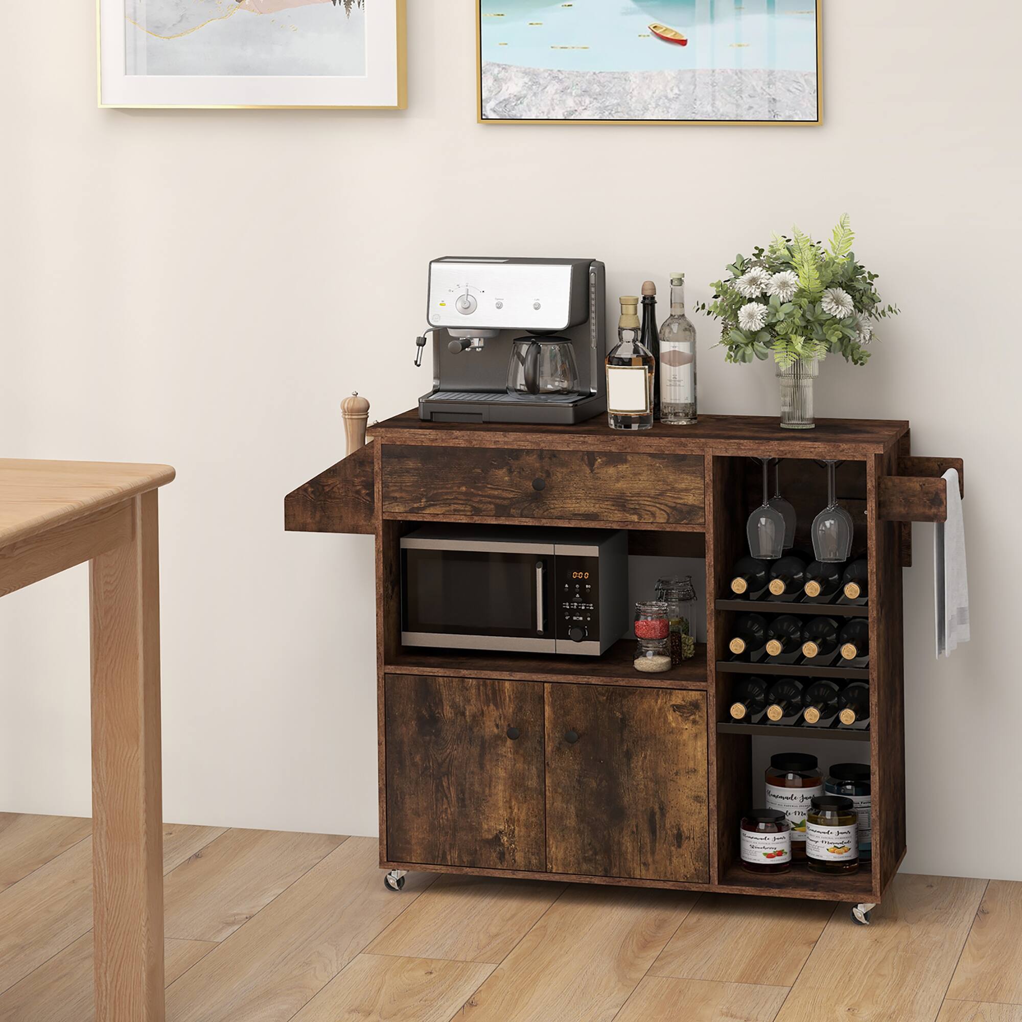Alt View 1. Gymax - Gymax Kitchen Island Cart w/ Drop-Leaf & Power Outlet Microwave Shelf Wine Rack Drawer Rustic Brown - Rustic Brown.