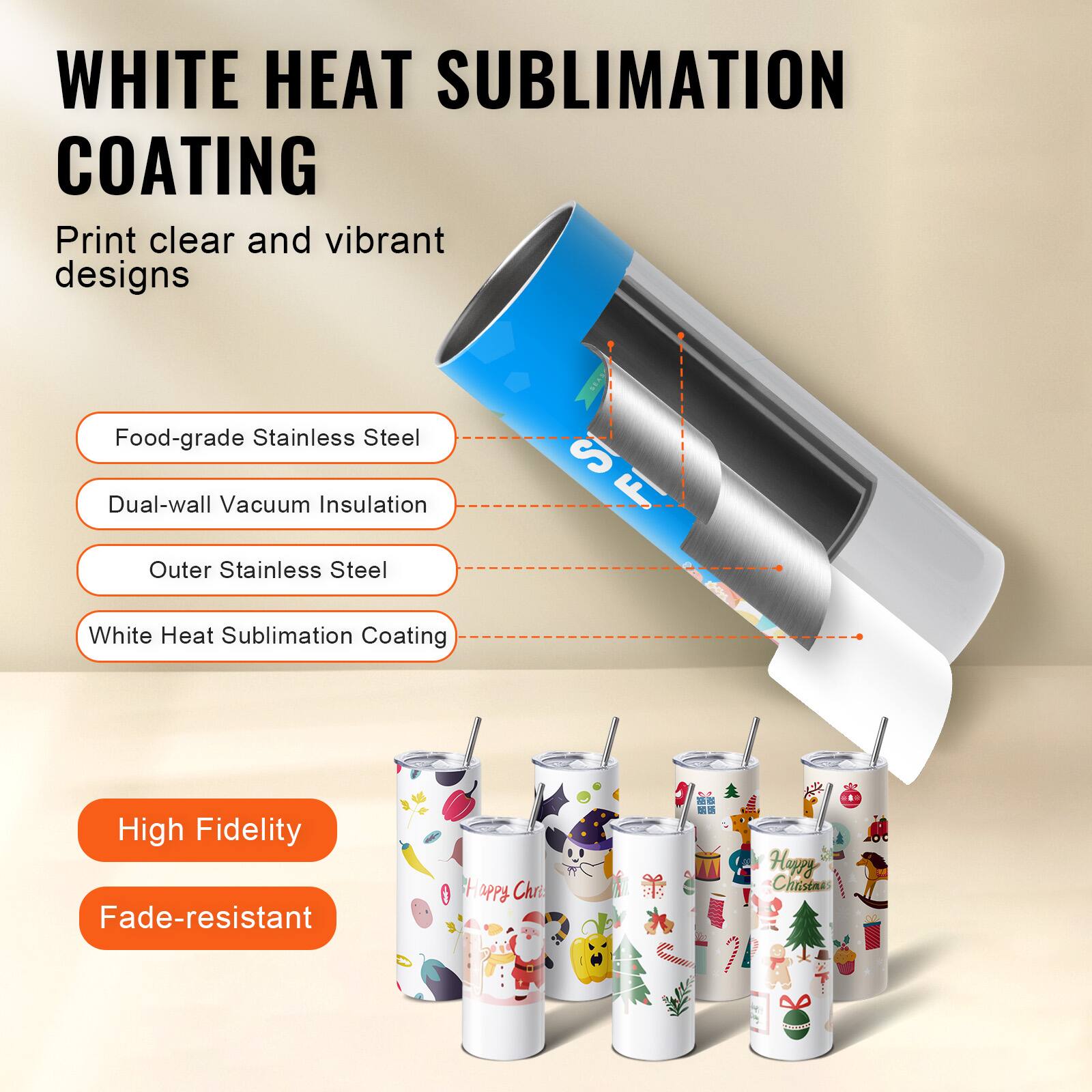 WHITE HEAT SUBLIMATION COATING

Print clear and vibrant designs

- Food-grade Stainless Steel
- Dual-wall Vacuum Insulation
- Outer Stainless Steel
- White Heat Sublimation Coating

High Fidelity

Fade-resistant
