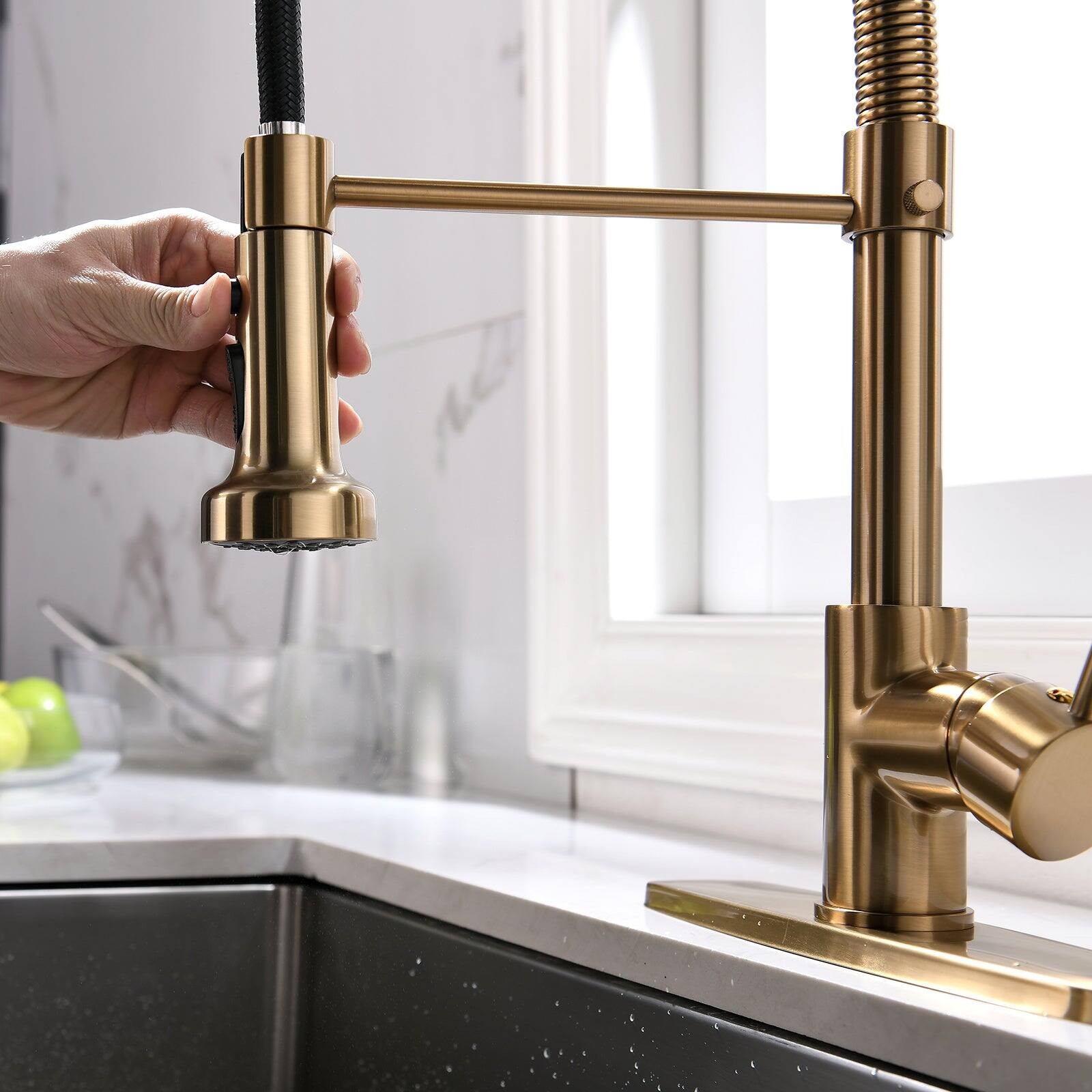 Angle. Boyel Living - Contemporary Single Handle Gooseneck Pull Down Sprayer Kitchen Faucet Brushed Gold - Brushed Gold.
