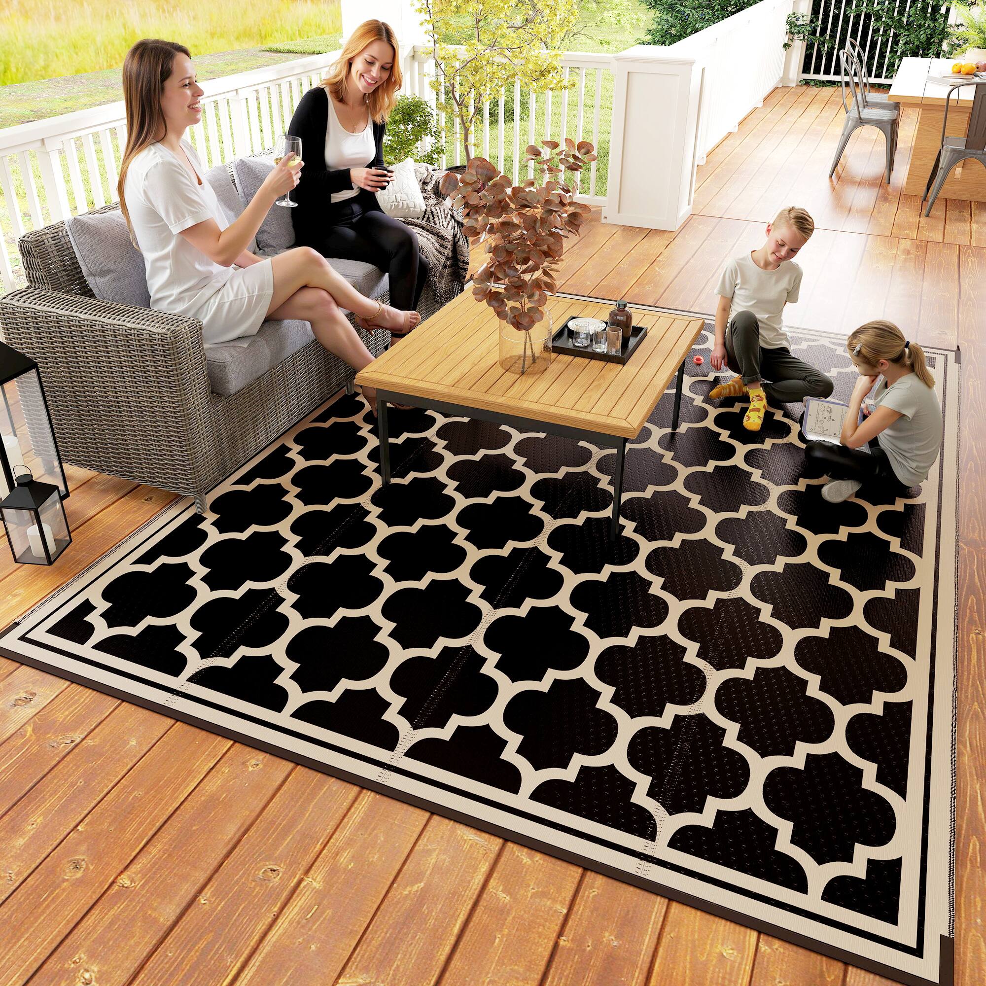 Alt View 7. Outsunny - Reversible Outdoor Rug, 9' x 12' Waterproof Plastic Straw Floor Mat, Portable RV Camping Carpet - Black, Beige.