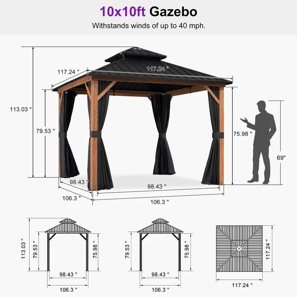 10x10ft Gazebo Withstands winds of up to 40 mph.

- 117.24"
- 113.03"
- 79.53"
- 75.98"
- 69"
- 98.43"
- 106.3"
- 117.24"
- 113.03"
- 79.53"
- 75.98"
- 79.53"
- 75.98"
- 117.24"
- 98.43"
- 106.3"