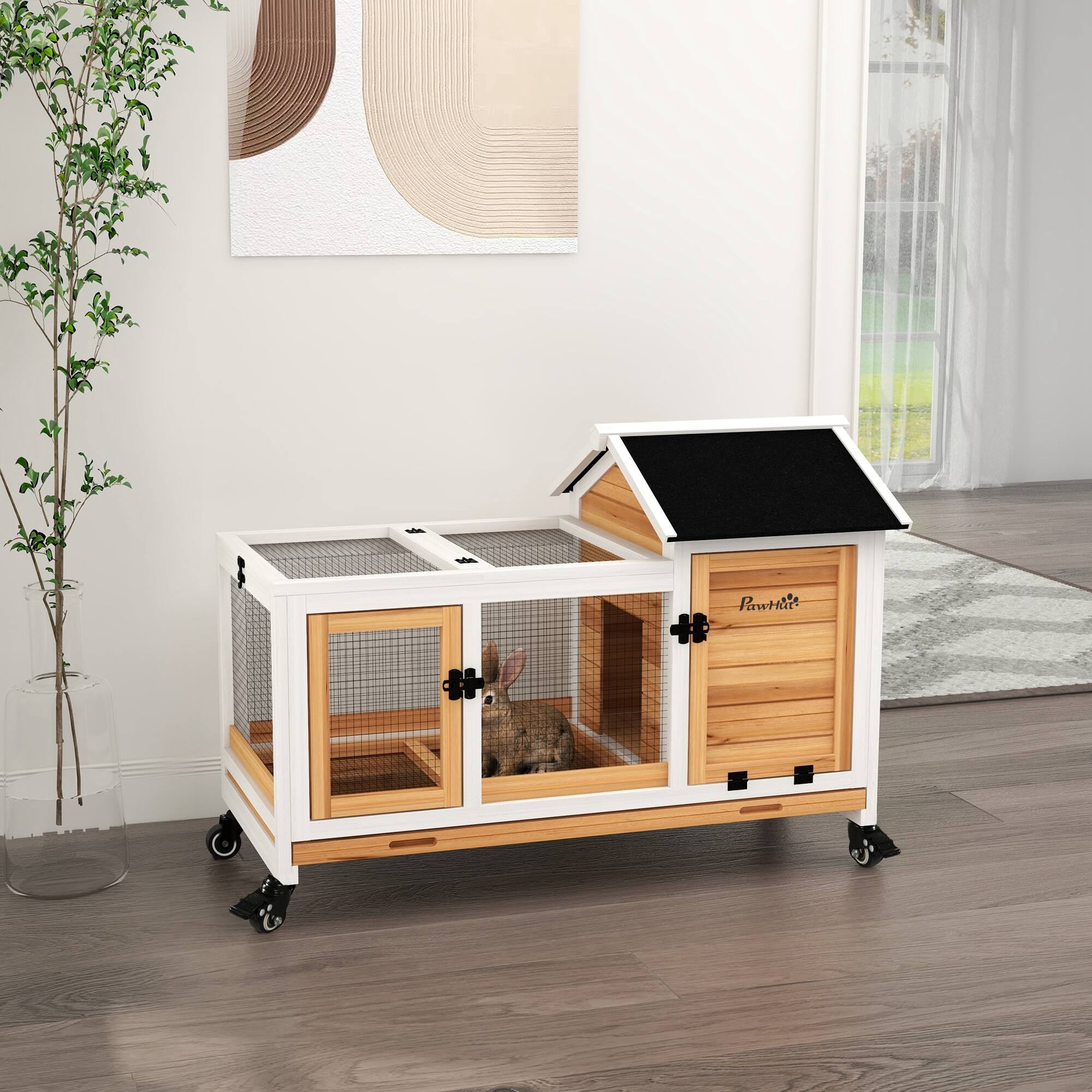 Angle. Pawhut - Large Wooden Rabbit Hutch with Wheels, Indoor/Outdoor Bunny Cage with Run & Slide-Out Tray for Rabbits.