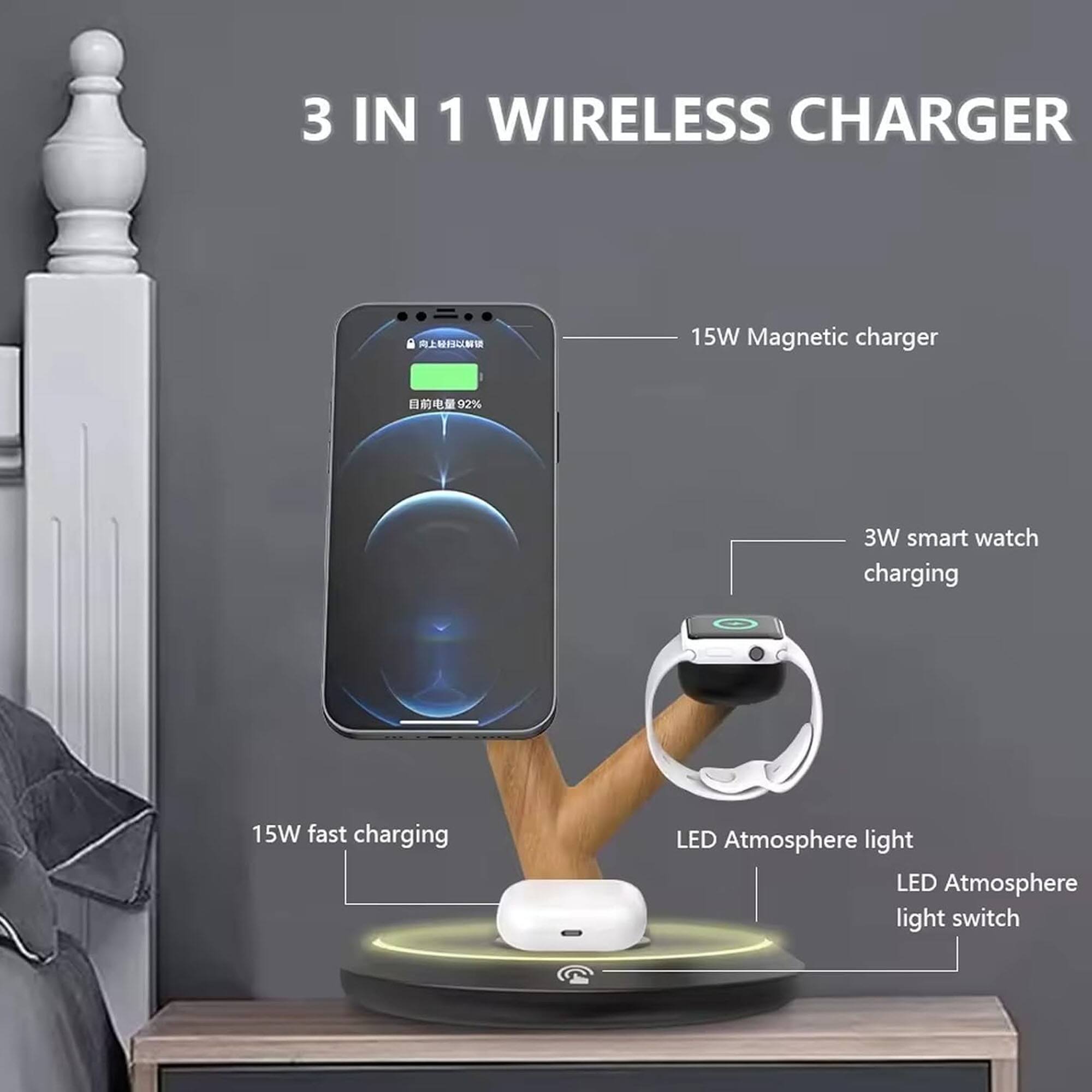 3 IN 1 WIRELESS CHARGER

- 15W Magnetic charger
- 3W smart watch charging
- 15W fast charging
- LED Atmosphere light
- LED Atmosphere light switch