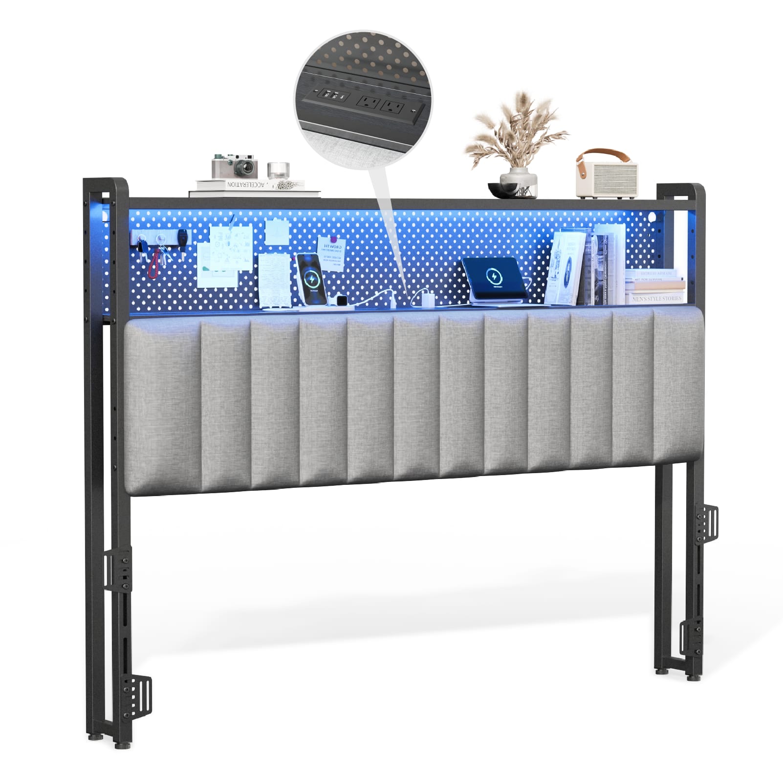 Winado - Queen Size Adjustable Upholstered Headboard Only with 2 Tier Shelves and Pegboard with Charging Stations and LED Lights - Linen & Dark Gray