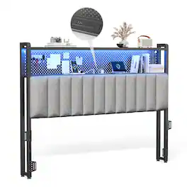 Winado - Queen Size Adjustable Upholstered Headboard Only with 2 Tier Shelves and Pegboard with Charging Stations and LED Lights - Linen & Dark Gray