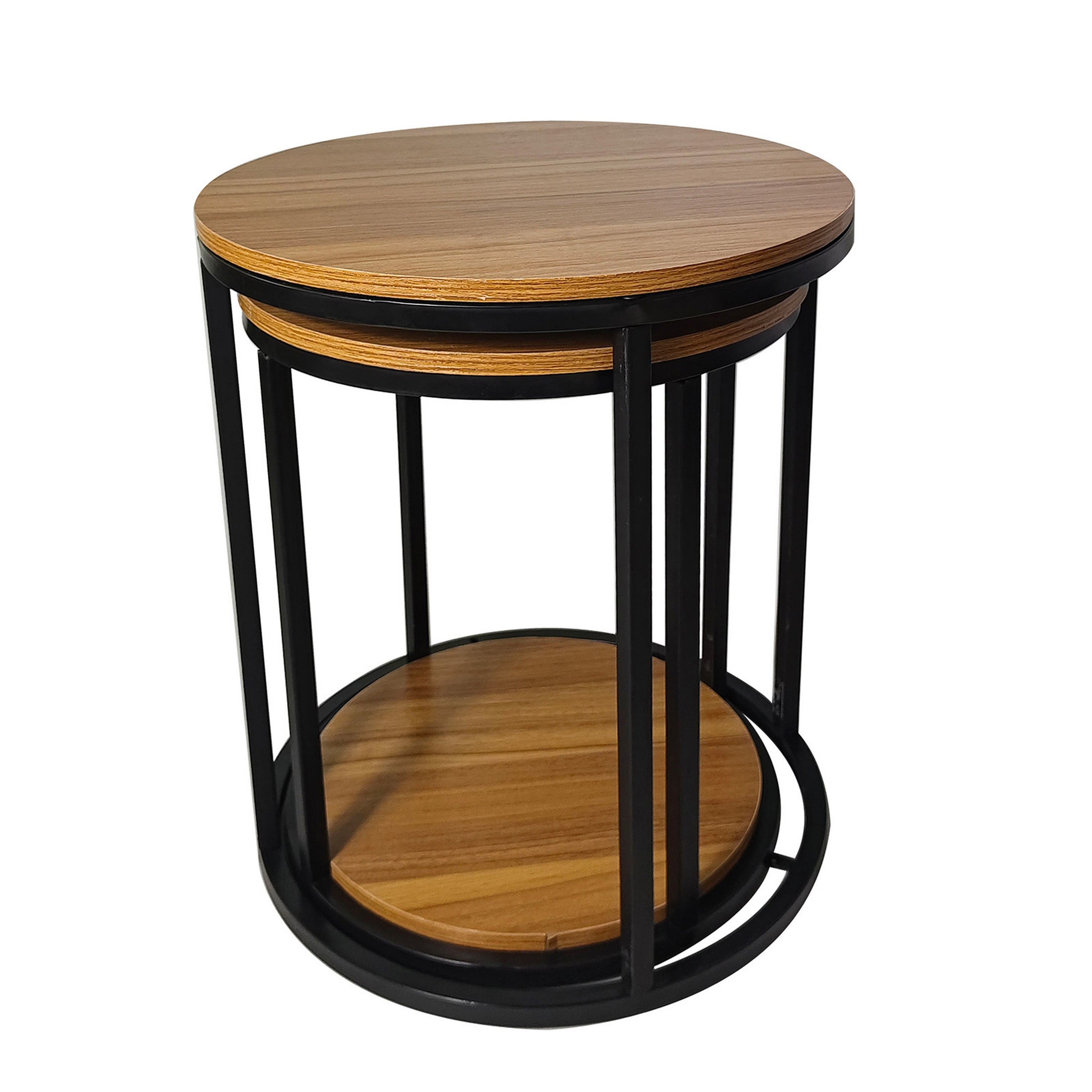 Manhattan Lane - Molly Nesting Table Set of 2, Round Brown Solid Wood Top, Black Metal Frame - Natural Brown, Black
