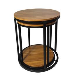 Manhattan Lane - Molly Nesting Table Set of 2, Round Brown Solid Wood Top, Black Metal Frame - Natural Brown, Black