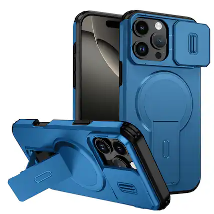 Front. Dteck - Magnetic Case for Apple iPhone 16 Pro Max with Sliding Camera Cover,Qi Wireless Charging,Rugged Stand Shockproof Shell - Blue.
