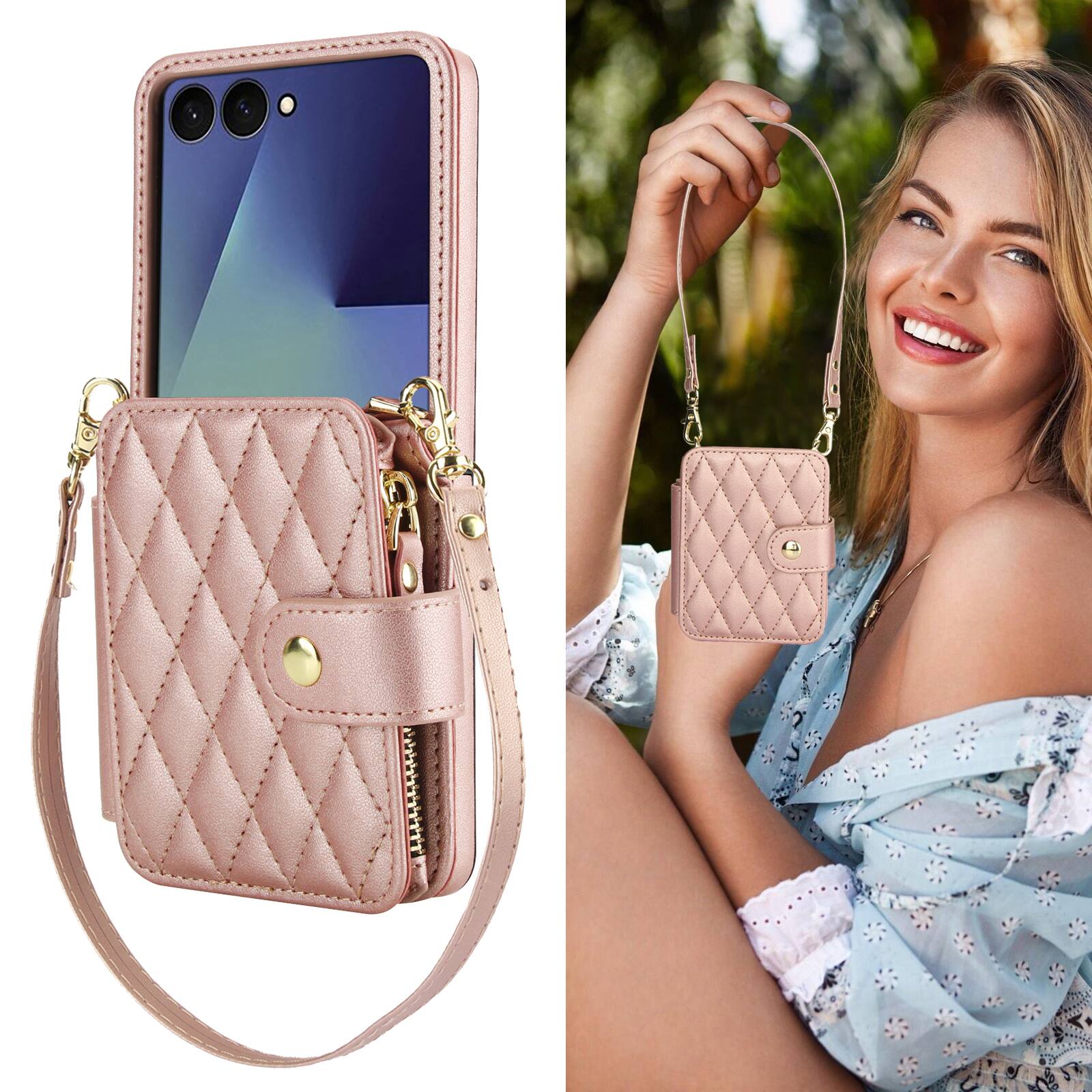 Left. Dteck - Crossbody Quilted PU Leather Wallet Case for Samsung Galaxy Z Flip7,Shock-absorbent RFID Card Pocket Back Cover+Strap - Rosegold.