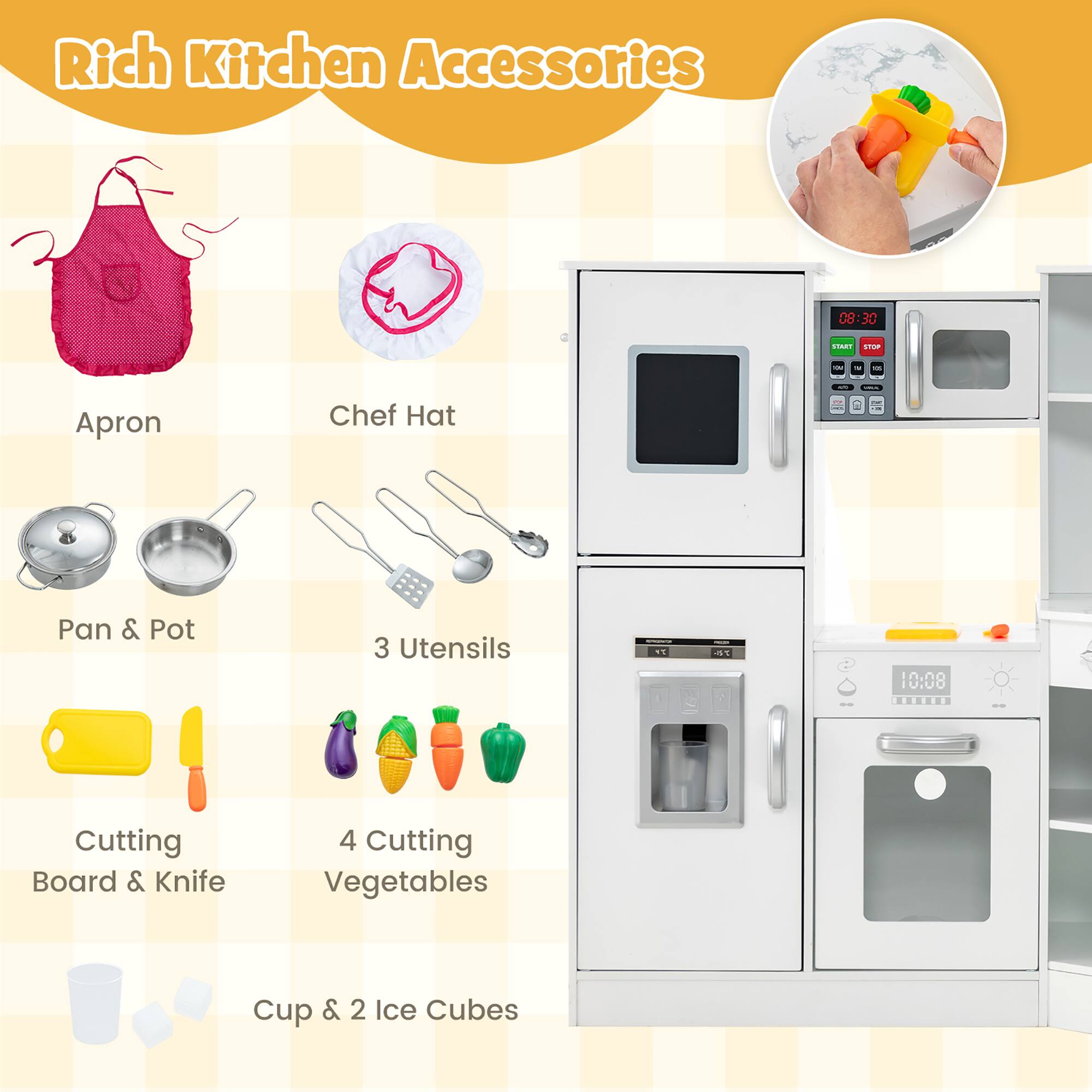 Rich Kitchen Accessories

- Apron
- Chef Hat
- Pan & Pot
- 3 Utensils
- Cutting Board & Knife
- 4 Cutting Vegetables
- Cup & 2 Ice Cubes