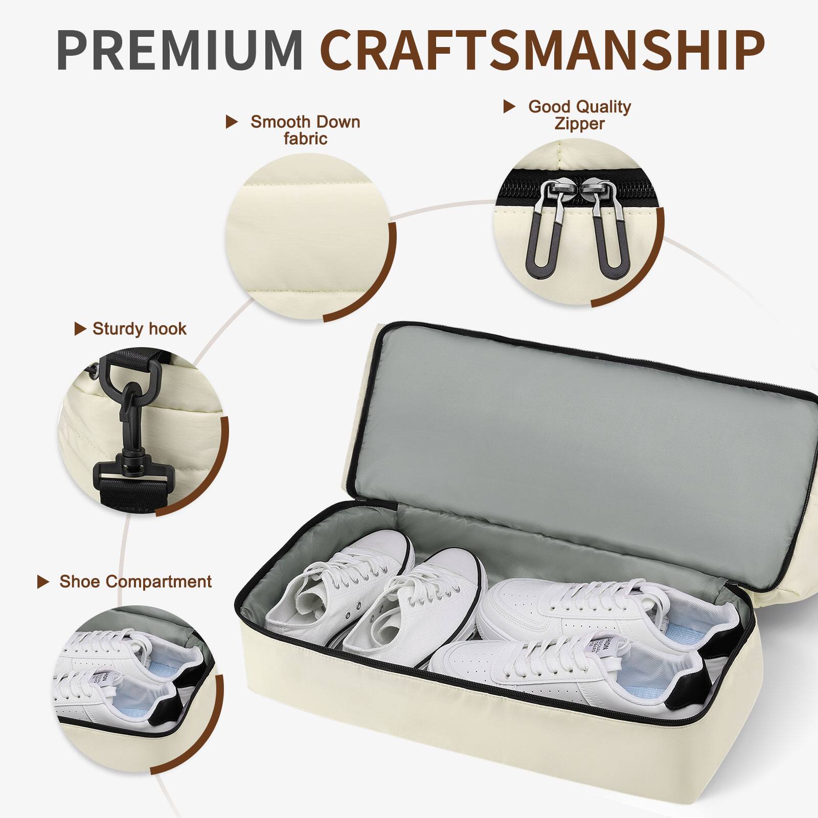 PREMIUM CRAFTSMANSHIP

- Good Quality Zipper
- Smooth Down fabric
- Sturdy hook
- Shoe Compartment