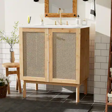 Front. Whisen - 30-Inch Bathroom Vanity with Ceramic Basin,Handmade Rattan Doors and Natural Bamboo Cabinet-Natural - Natural.
