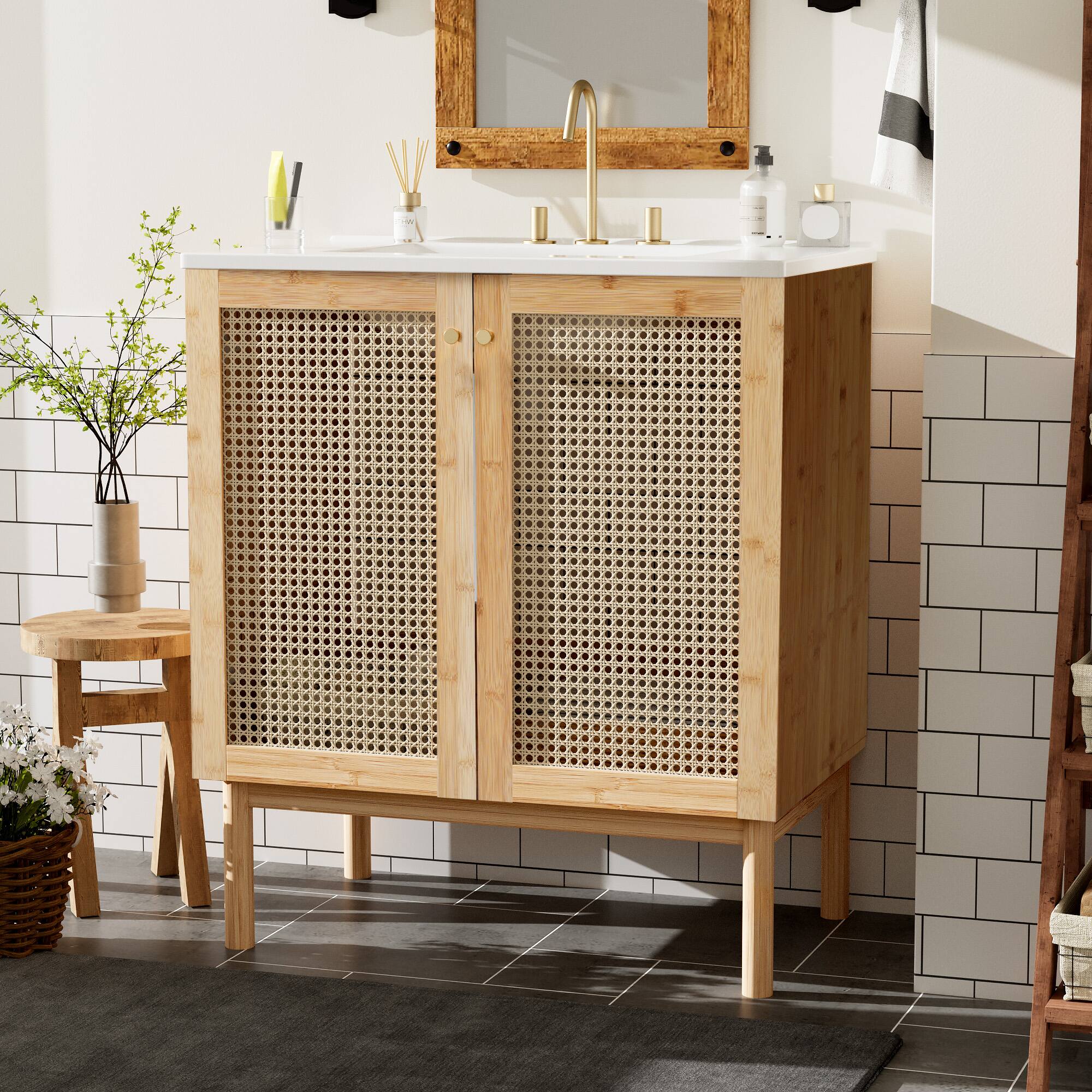 Front. Whisen - 30-Inch Bathroom Vanity with Ceramic Basin,Handmade Rattan Doors and Natural Bamboo Cabinet-Natural - Natural.