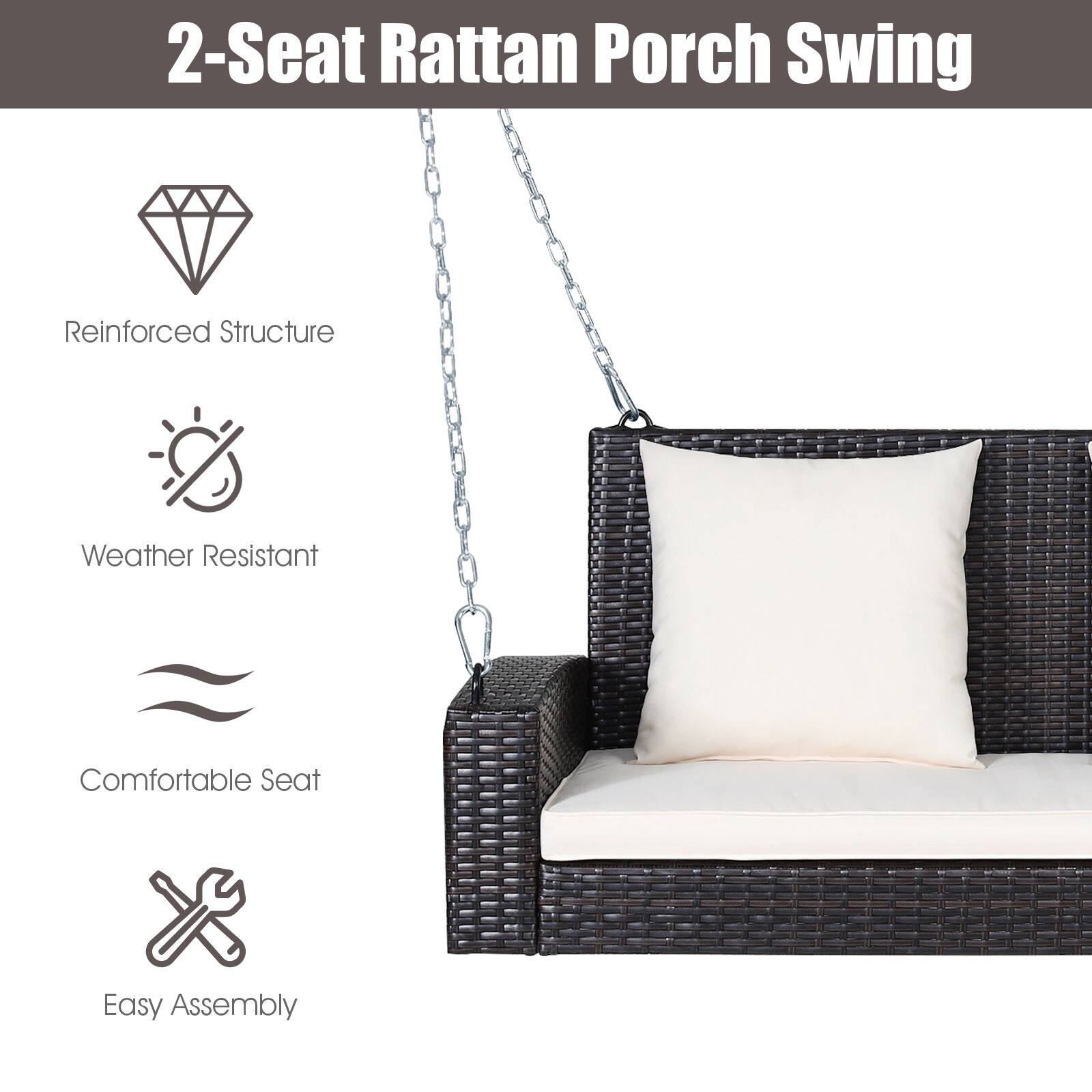 2-Seat Rattan Porch Swing

Reinforced Structure
Weather Resistant
Comfortable Seat
Easy Assembly