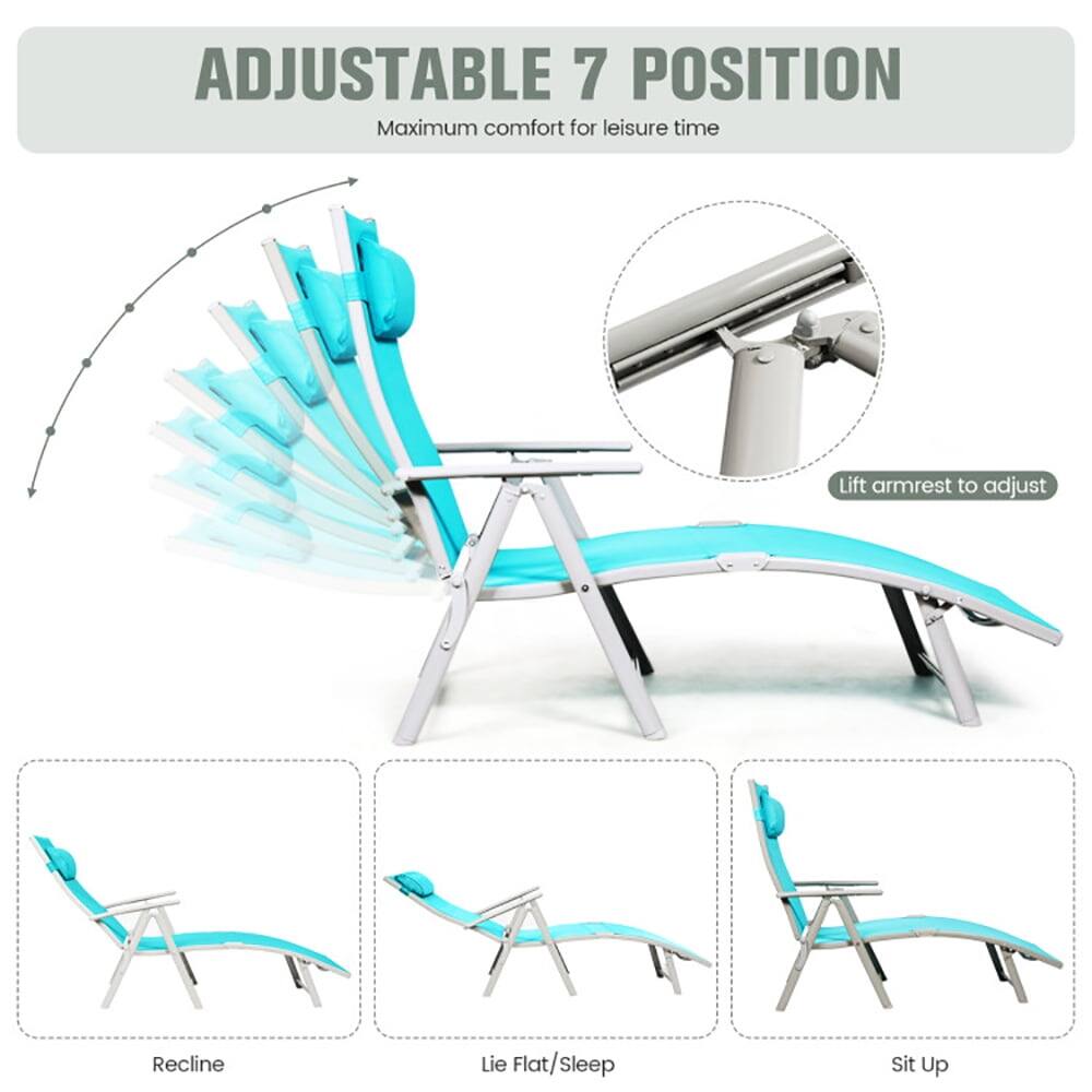 ADJUSTABLE 7 POSITION  
Maximum comfort for leisure time  

Lift armrest to adjust  

Recline  
Lie Flat/Sleep  
Sit Up