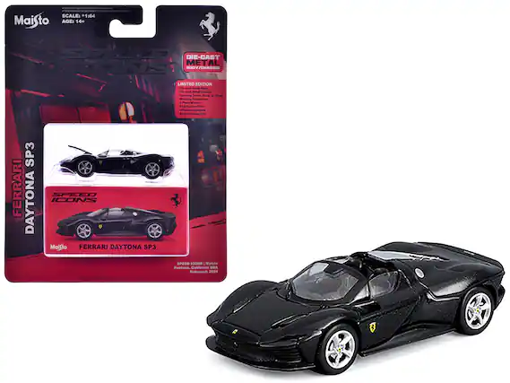 - SCALE: 1:64
- AGE: 14+
- DIE-CAST METAL BODY/CHASSIS
- LIMITED EDITION
- - Die-cast Metal Chassis
- - Die-cast Metal Body
- - Working Suspension
- - Real Rubber Tires
- - Officially Licensed
- - Bonus Storage Box
- FERRARI DAYTONA SP3
- SPEED ICONS
- Maisto
- FERRARI DAYTONA SP3
- SPEED ICONS | Maisto
- Fontana, California USA
- Released: 2024