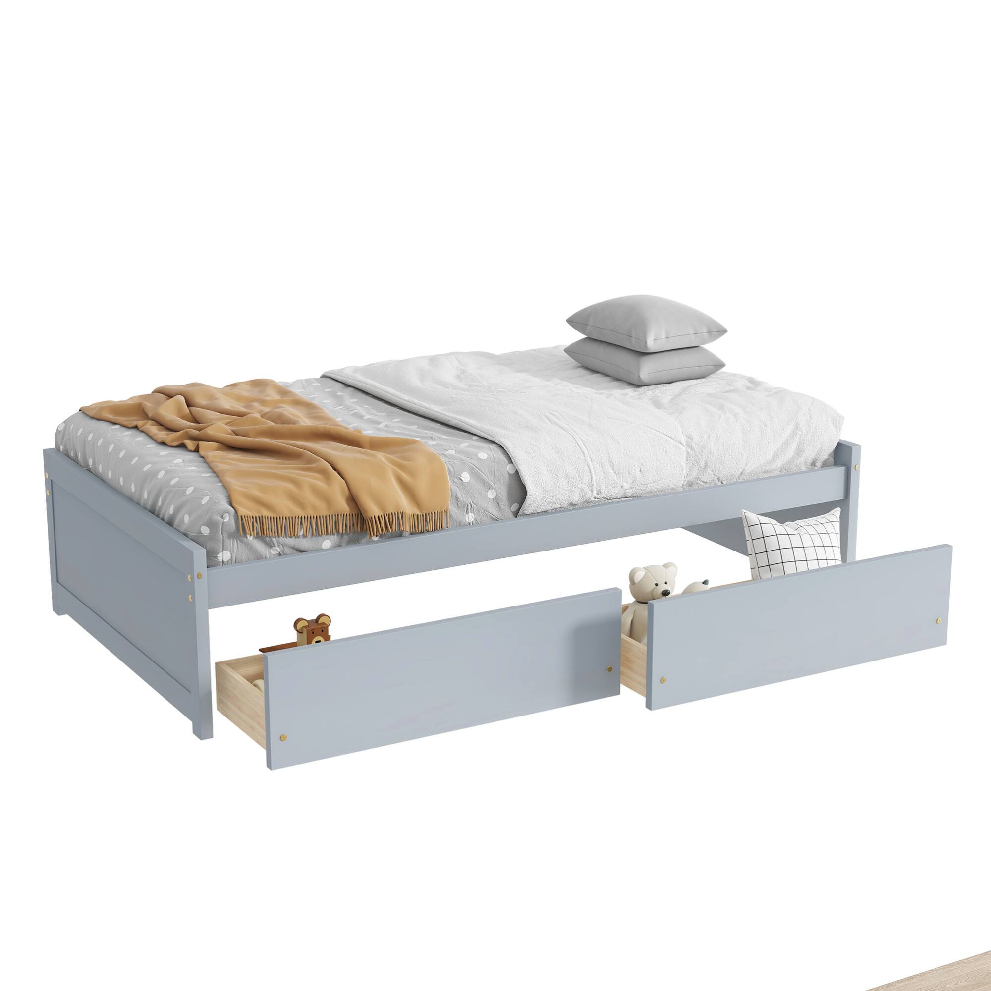 Alt View 10. GOODSILO - Twin Size Platform Bed with Two Underbed Storage Drawers for Space-Saving Bedroom Organization - Grey.