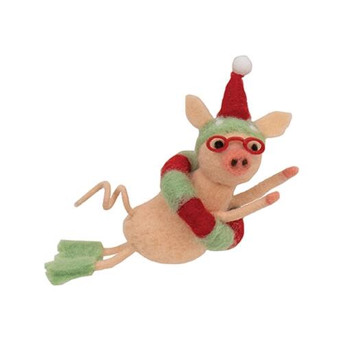 Front. BreeBe - Beach Pig Felted Ornament - Light PInk, Red, Green.