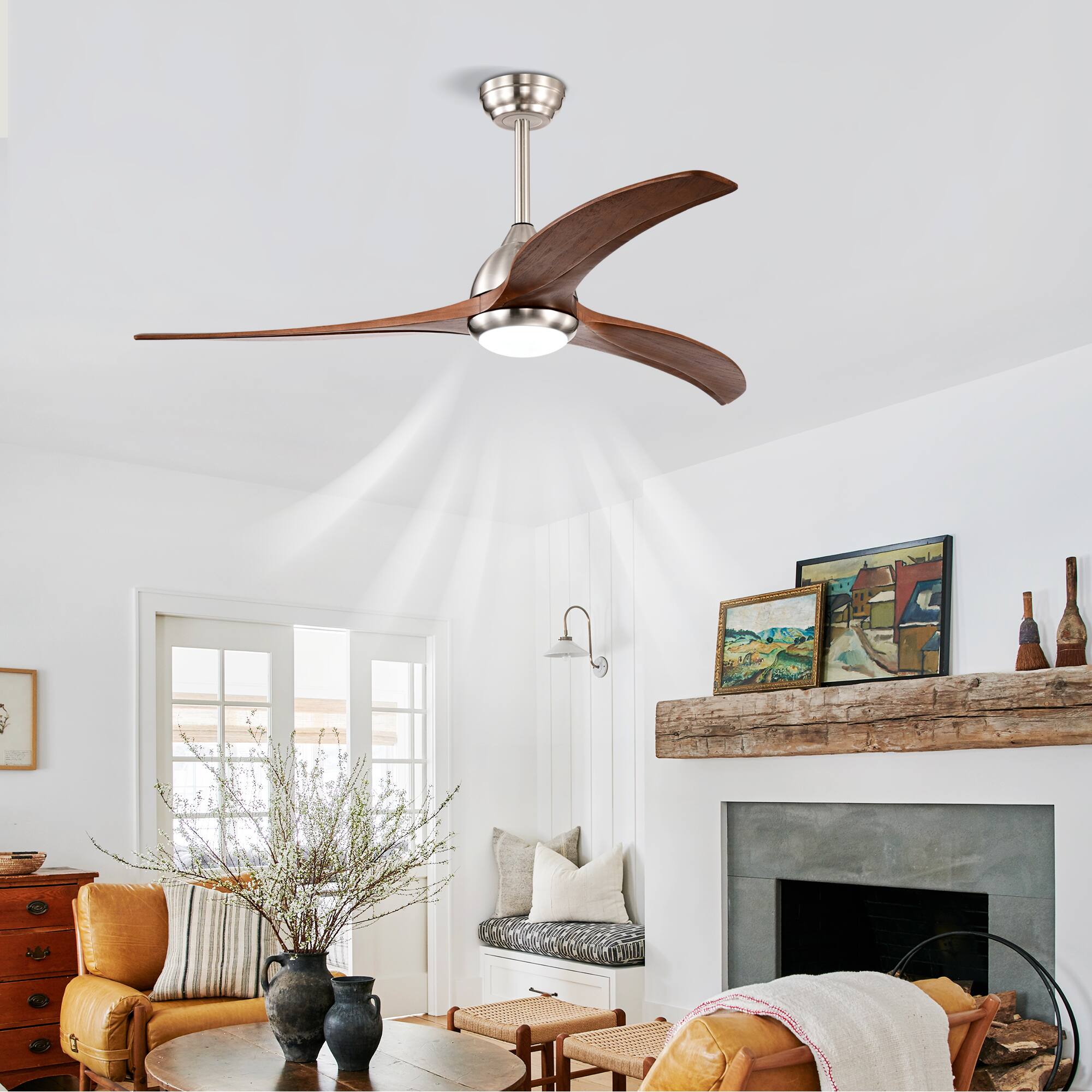 Front. Akoasm - 52" Solid Wood Indoor Outdoor Ceiling Fan with Light & Remote, Noiseless DC Motor, 3 Color Temperatures-Nickel.