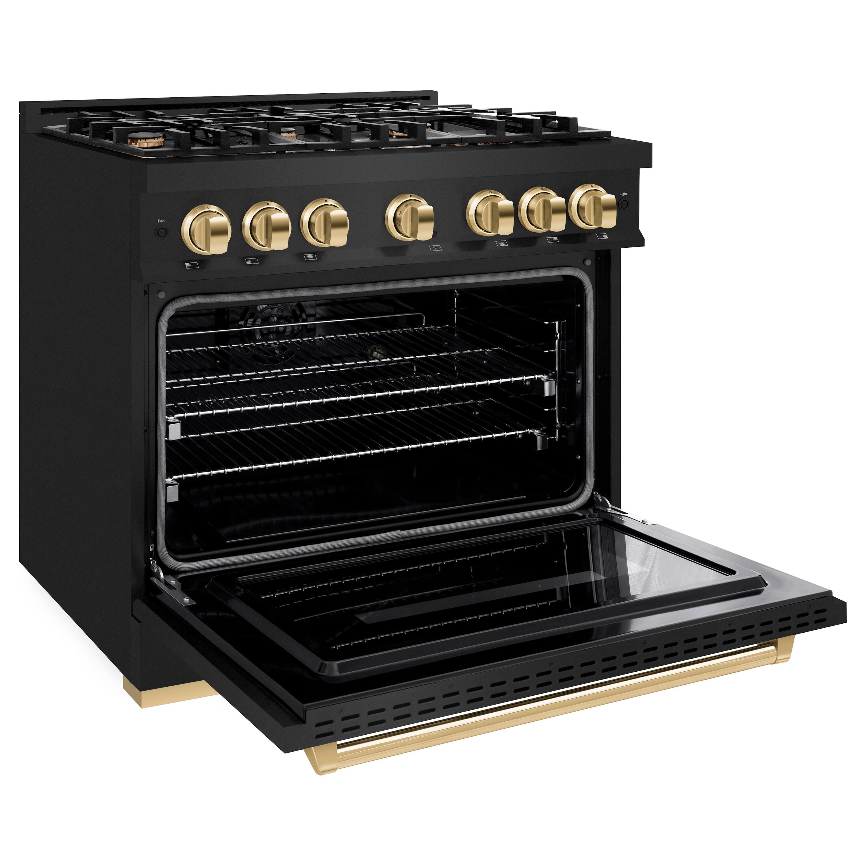 Left. ZLINE - Autograph 36" Classic Black Stainless Gas Range w/ 6 Burners & Gold Accents (CGRBZ-36-G) - Black Stainless Steel.