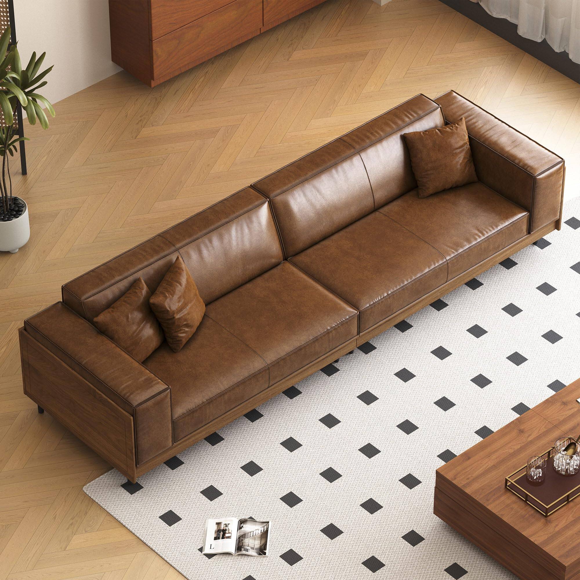 Alt View 7. luck idea - Mid-century Modern Leather Sofa With Wooden Accents, 4-seater Living Room Couch With 3 Throw Pillows - Brown.