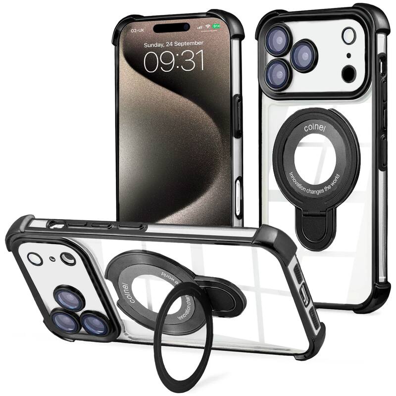 Entronix - Magnetic Case for iPhone 17 Pro Max - Clear Back with Luxury Glossy Finish and Gripstand - Black