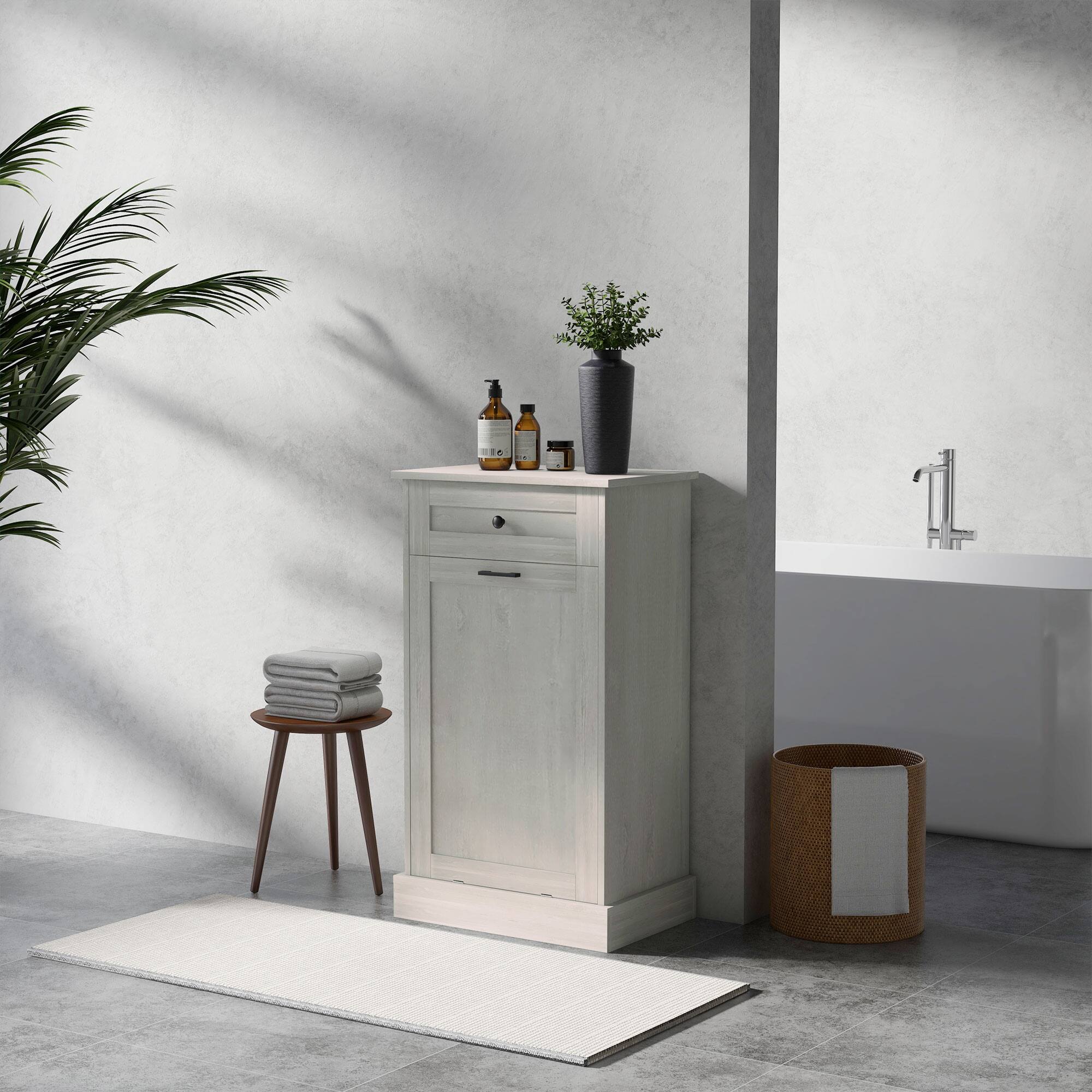 Alt View 1. Homcom - Tilt Out Trash Bin Cabinet Free Standing Storage Cabinet with Drawer - Light Gray.