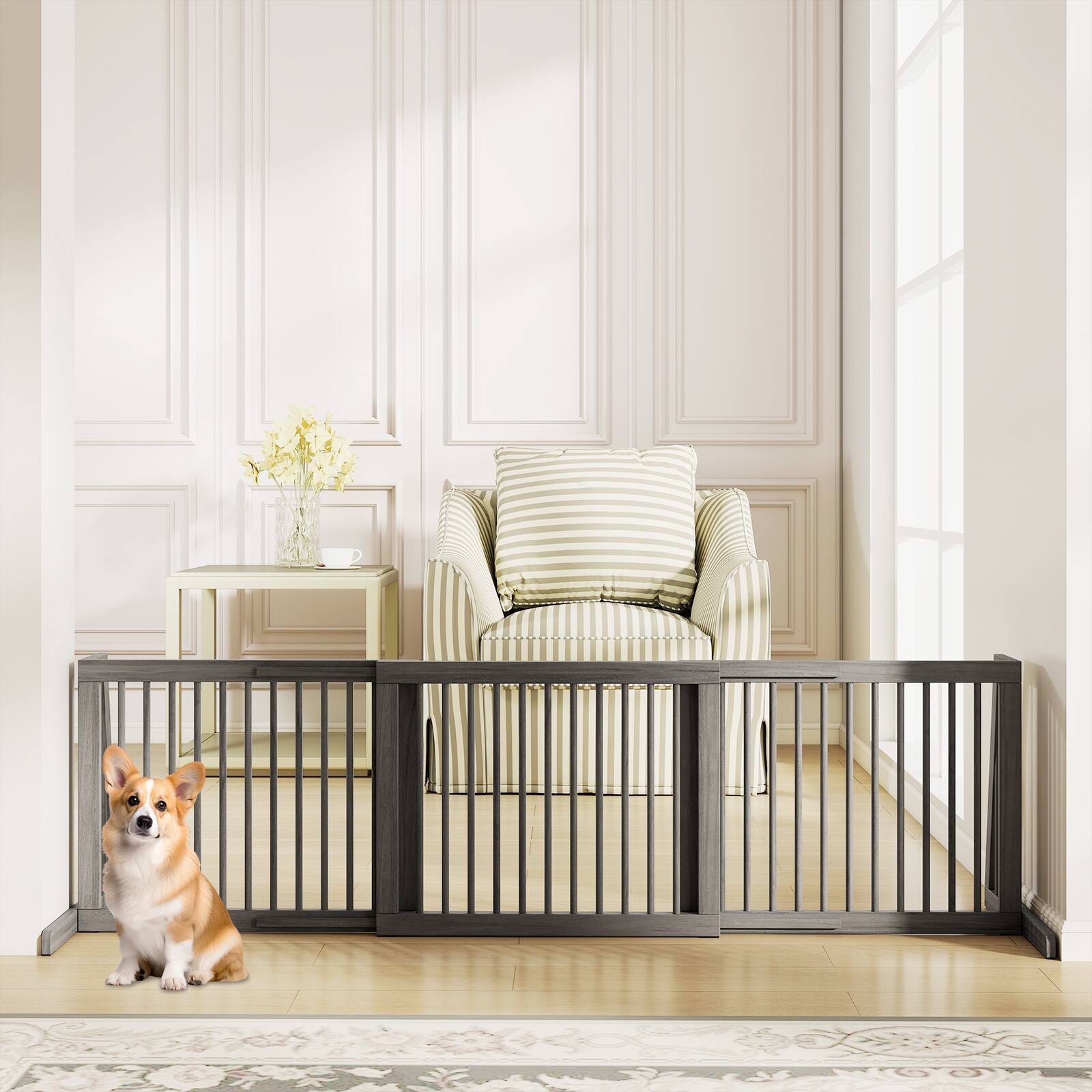 Alt View 3. Gymax - Gymax Folding Adjustable Free Standing 3 Panel Wood Pet Dog Slide Gate Safety Fence Gray - Gray.