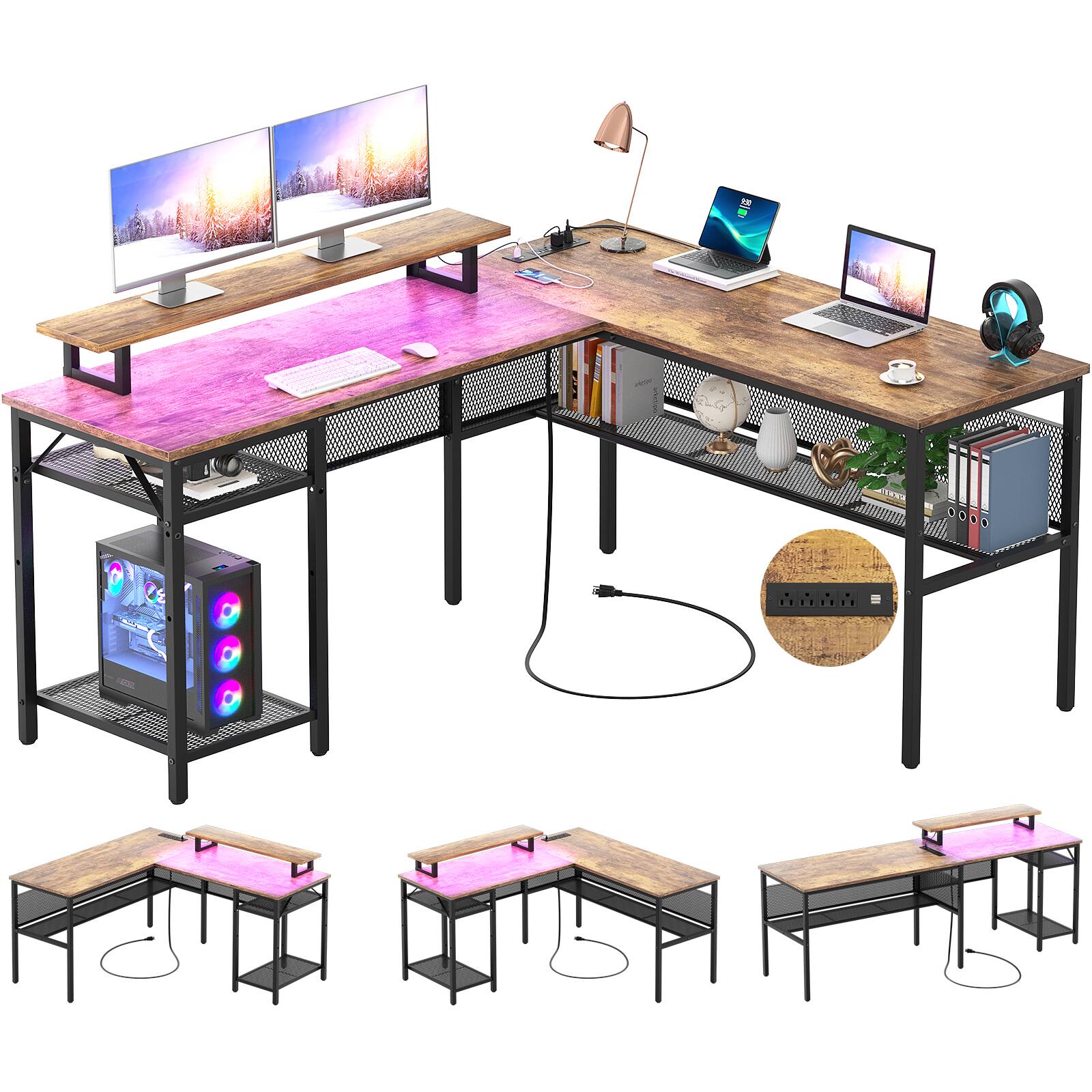 Alt View 4. Aheaplus - 55.5'' Reversible L-Shaped Computer Desk with Power Outlets and LED Lights, Gaming Table with CPU Stand & Monitor Stand - Brown.