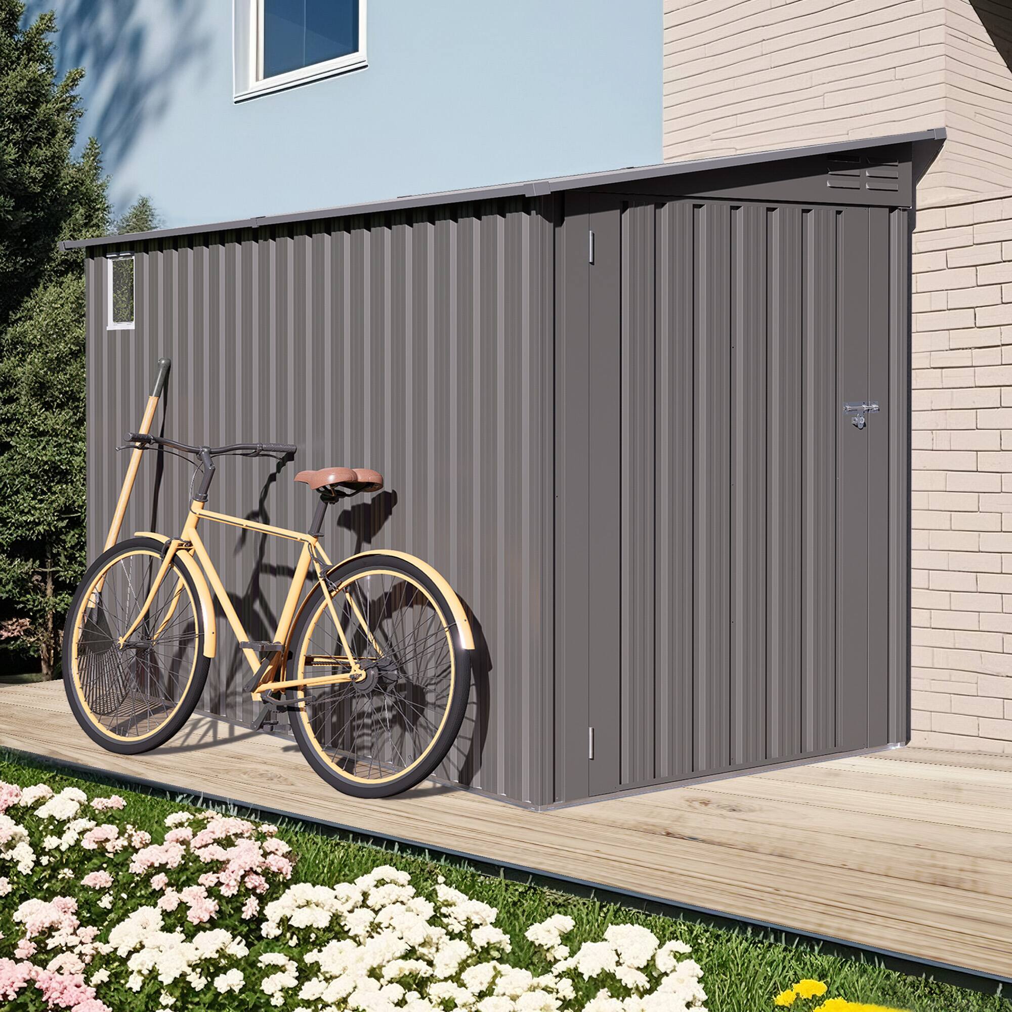 Alt View 5. APRILSOUL - 4 x 9 FT Outdoor Storage Shed Metal Garden Shed Tool House with Sloping Roof 2 vents and 1 Side Open Door - Gray.