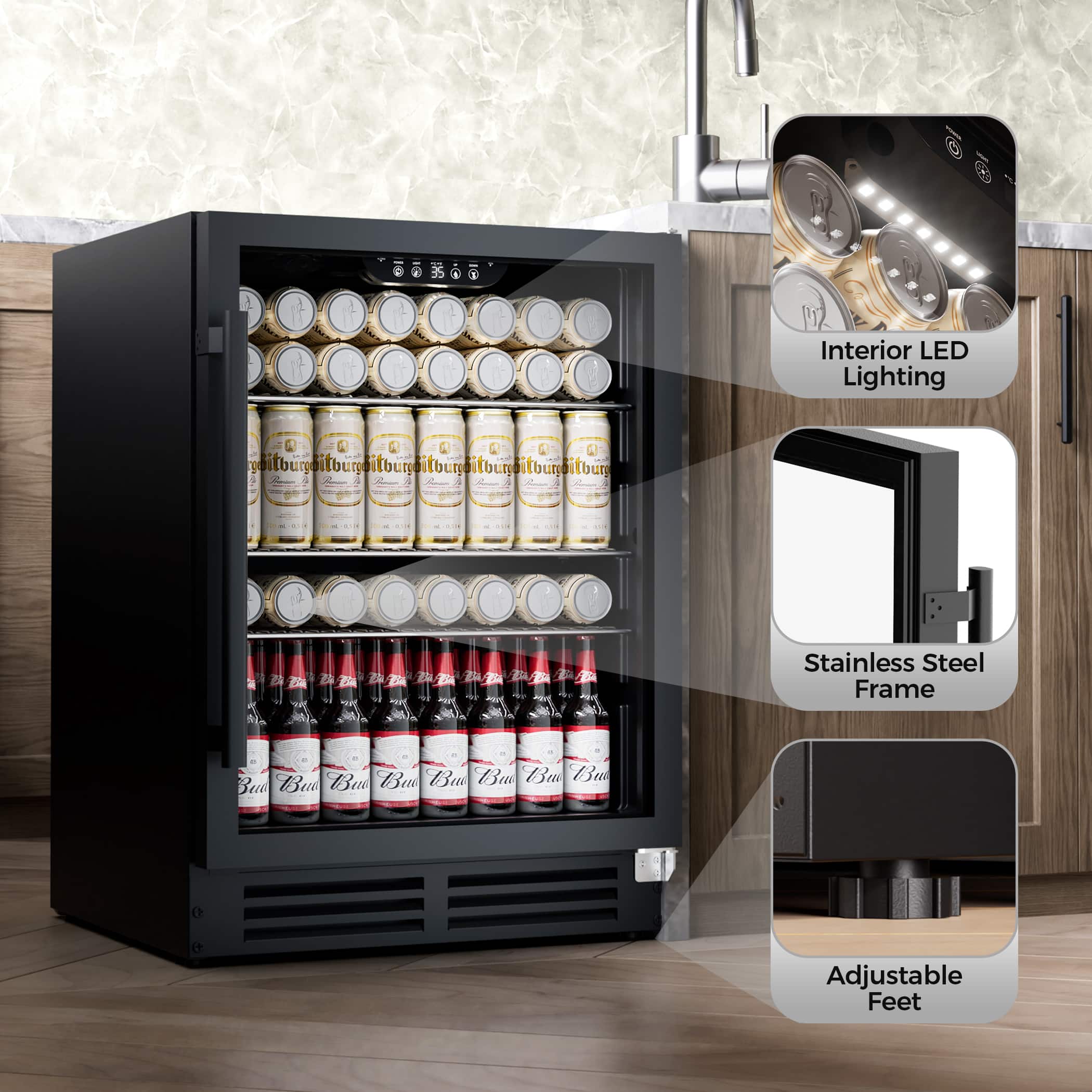 Coolake 24 Inch Under Counter Beverage Refrigerator, 180 Can Built