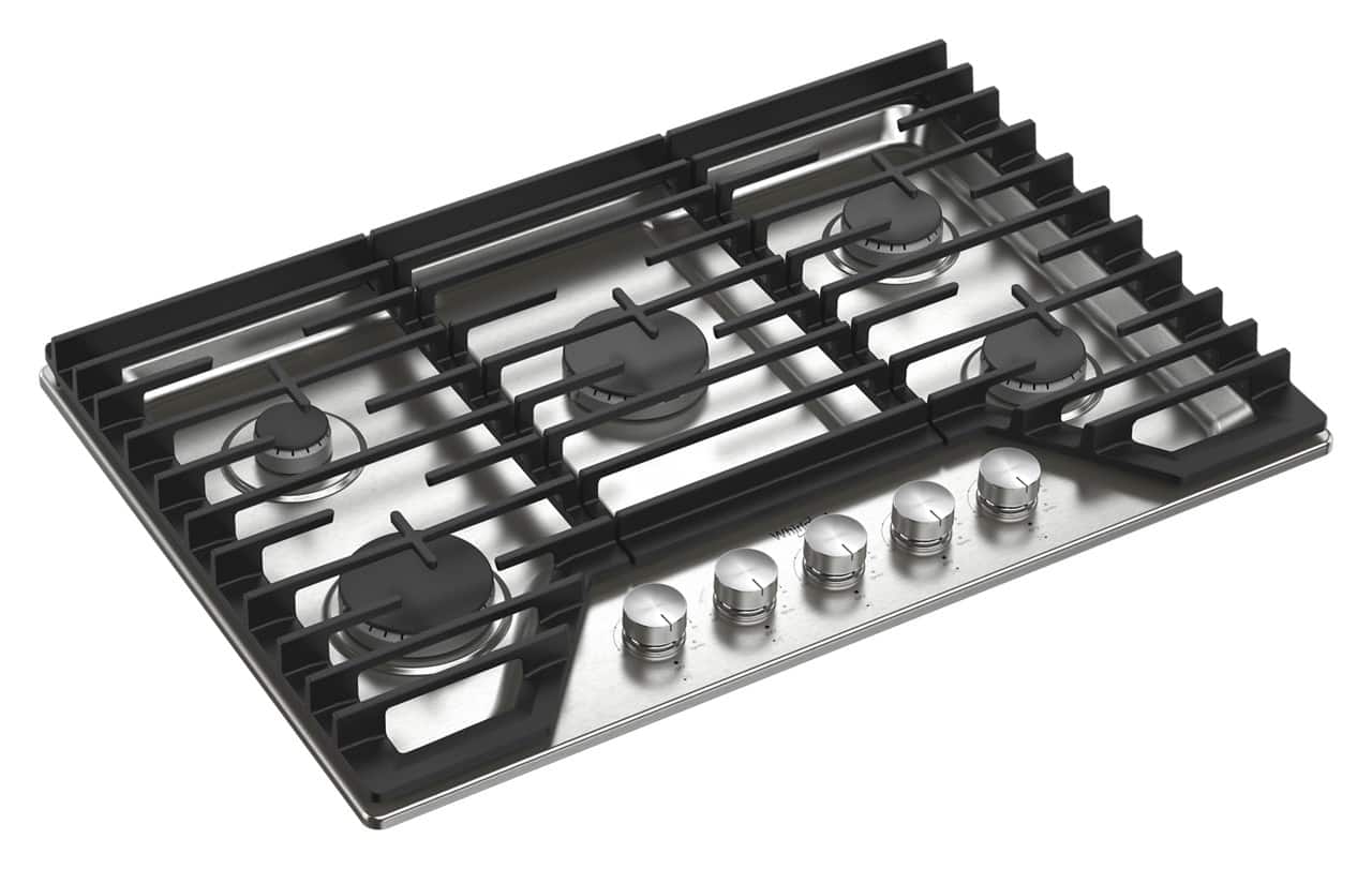 Angle. Whirlpool - 30" Built-In Gas Cooktop with 5 Burners and EZ-2-Lift Hinged Cast-Iron Grates - Stainless Steel.