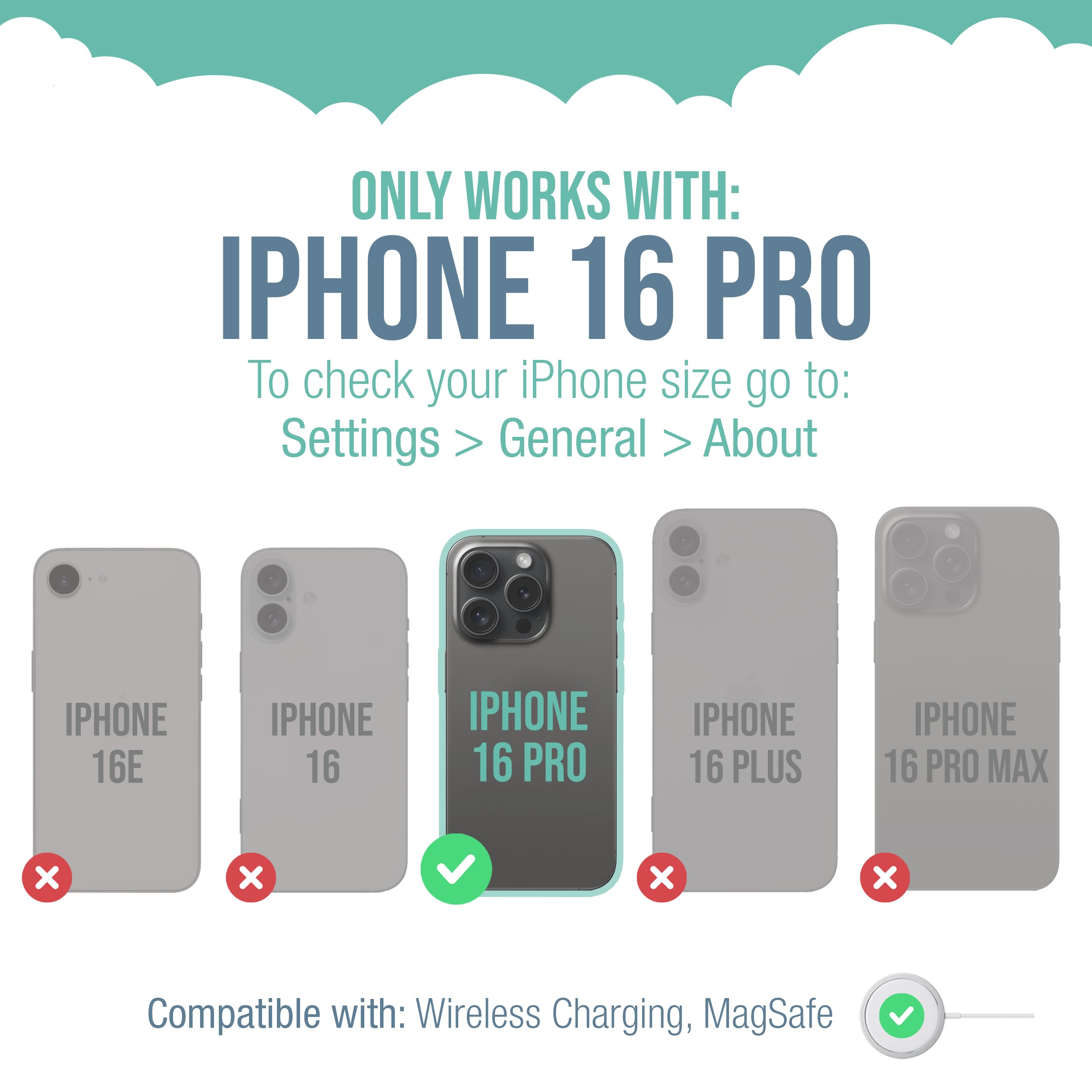 ONLY WORKS WITH: IPHONE 16 PRO

To check your iPhone size go to: Settings > General > About

IPHONE 16E
IPHONE 16
IPHONE 16 PRO
IPHONE 16 PLUS
IPHONE 16 PRO MAX

Compatible with: Wireless Charging, MagSafe