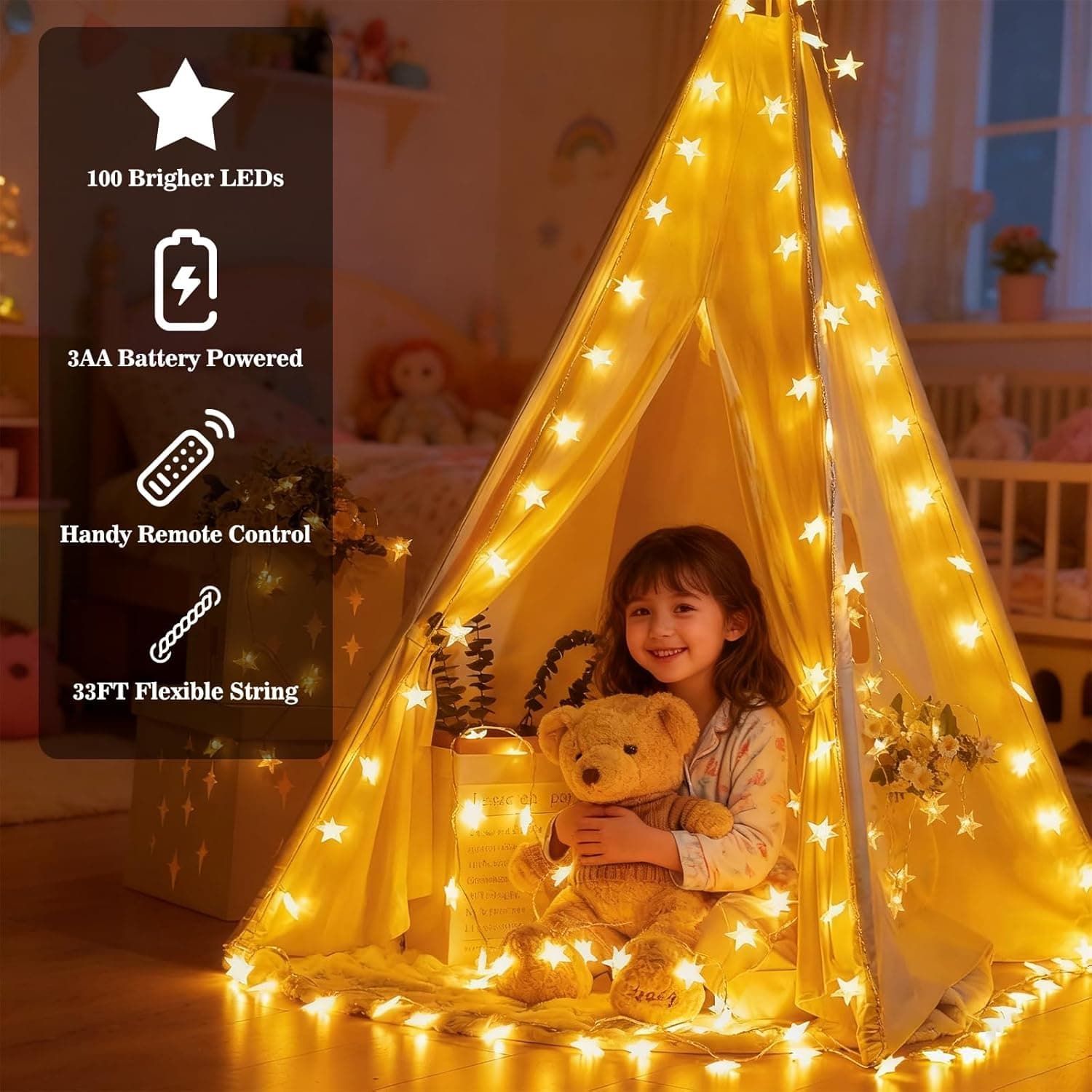 100 Brighter LEDs  
3AA Battery Powered  
Handy Remote Control  
33FT Flexible String