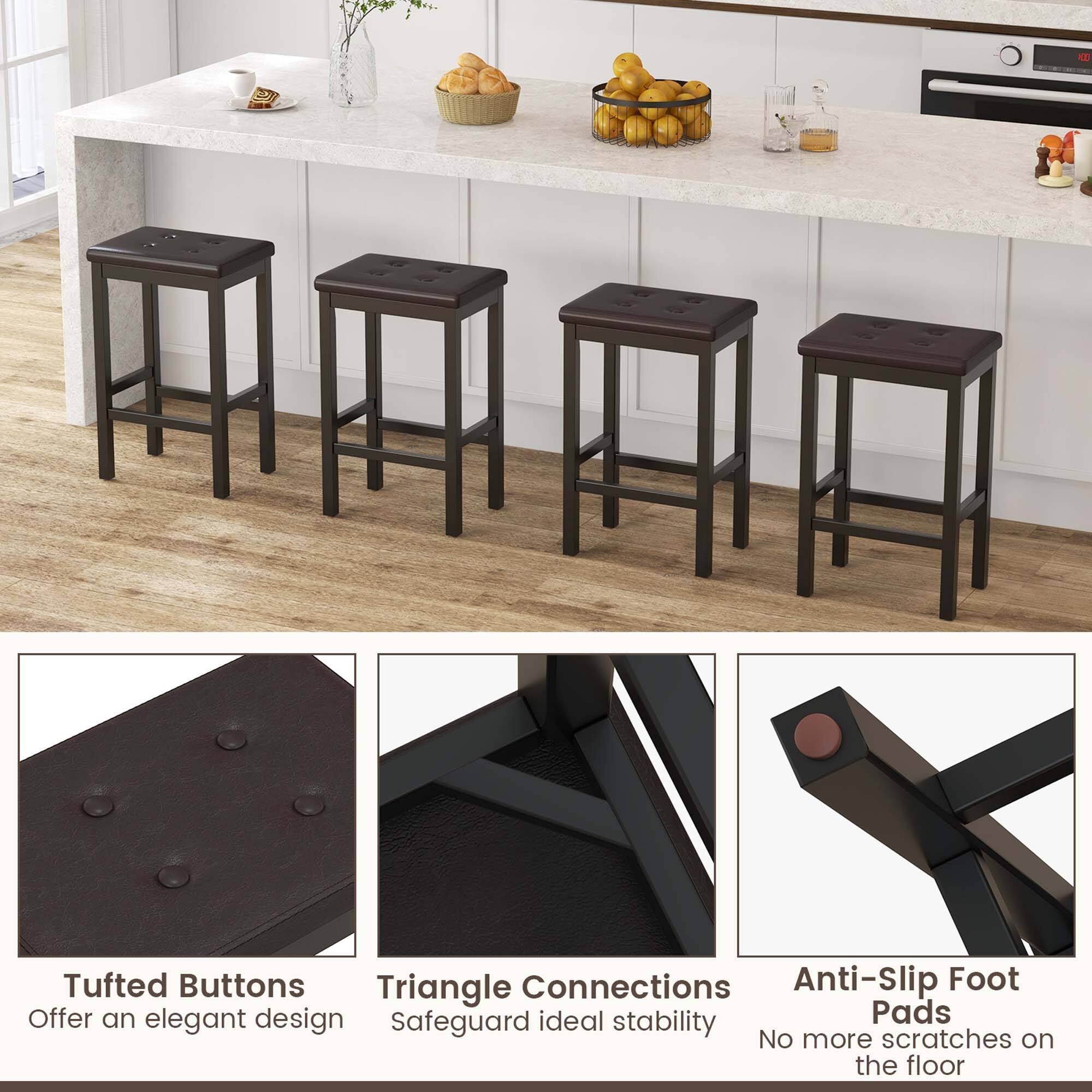 The image features a kitchen counter with a set of four stools. The stools are accompanied by a set of three anti-slip foot pads, which provide safety and stability. The foot pads are designed to prevent scratches on the floor and offer an elegant design. The stools are also equipped with tufted buttons and triangle connections, adding to their aesthetic appeal.