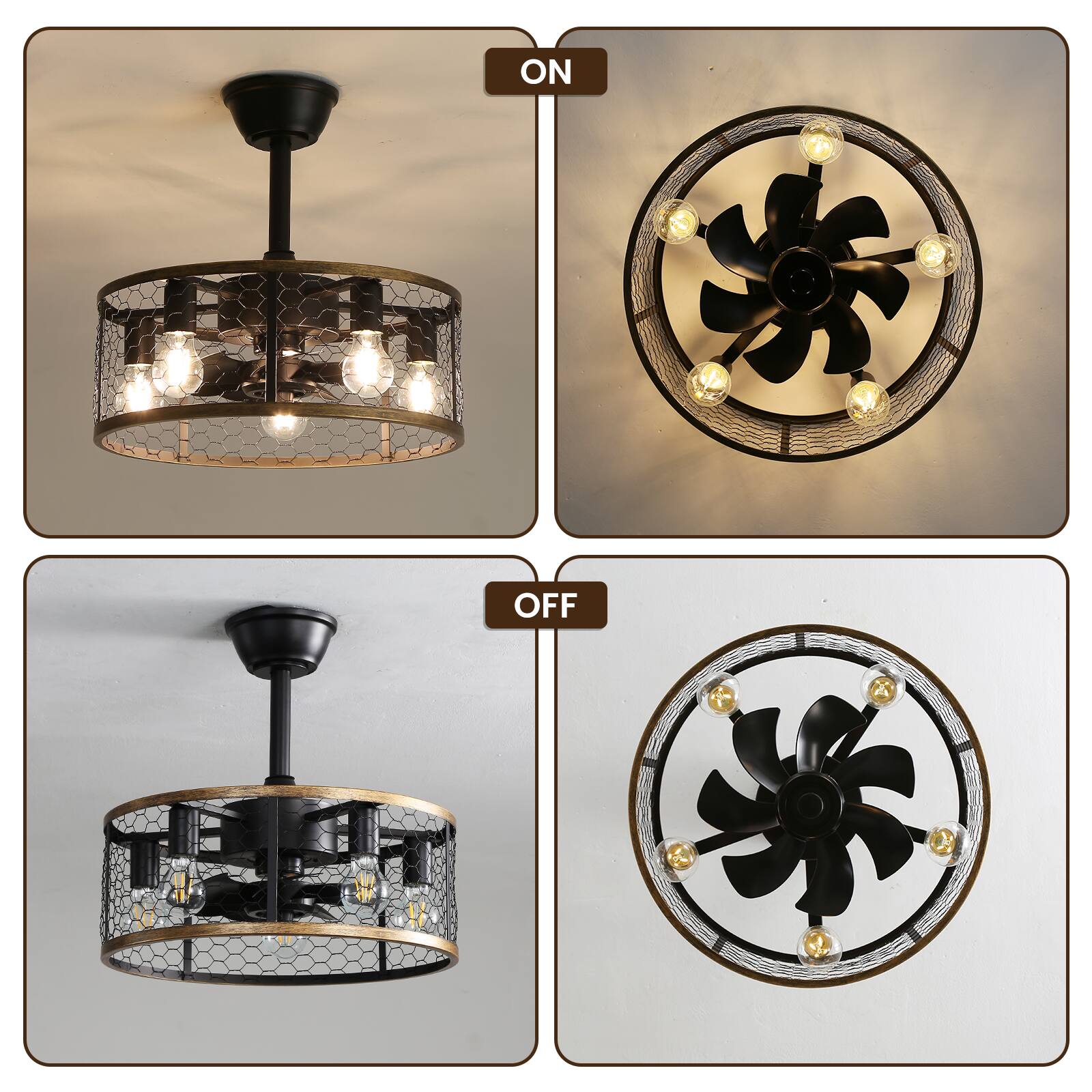 Back. Sofucor - 20'' Rustic Fandelier Low Profile Caged Ceiling Fans with Light and Remote Indoor Downrod Bladeless Ceiling Fans - Black.