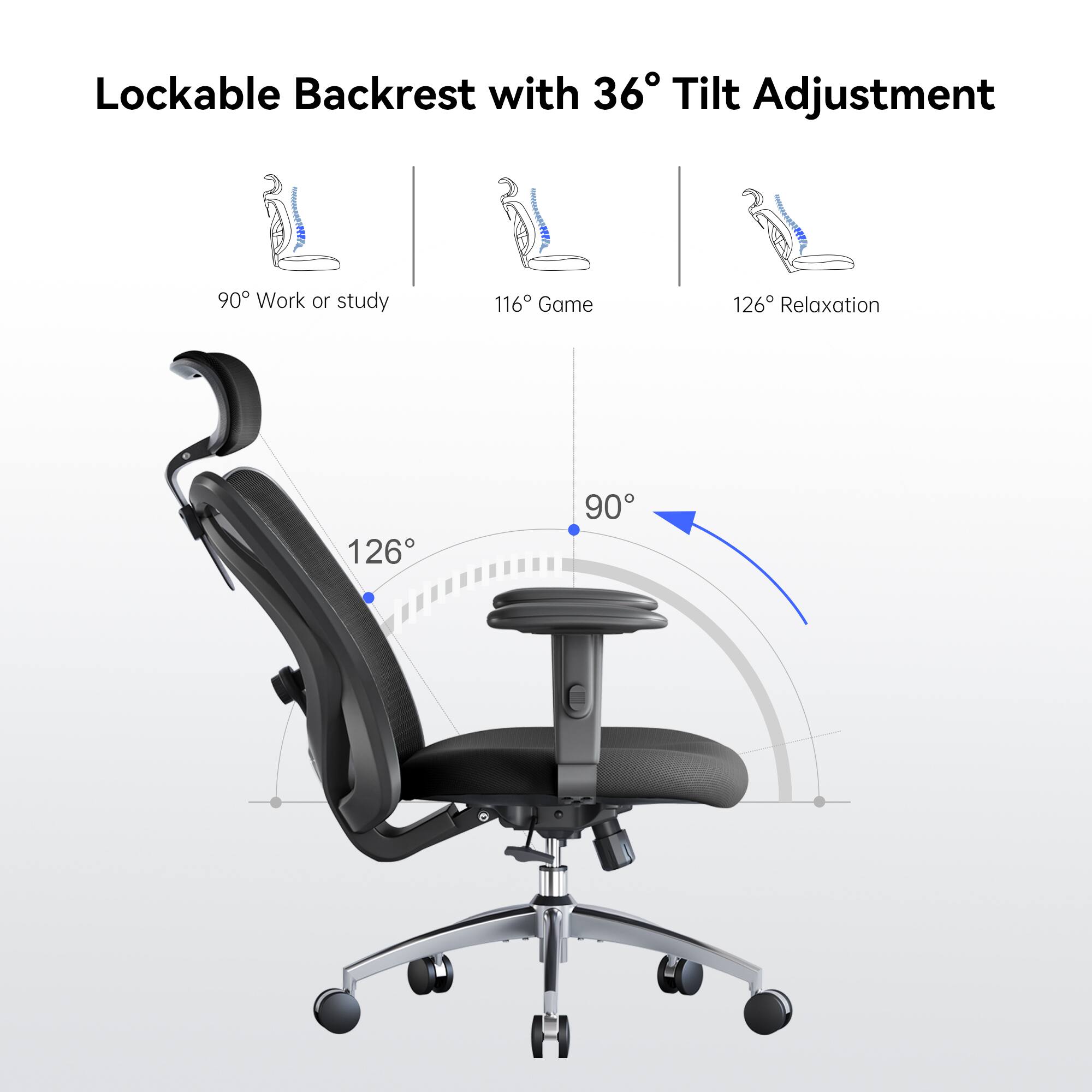 Lockable Backrest with 36° Tilt Adjustment - 90° Work or study, 116° Game, 126° Relaxation, 126° 90°