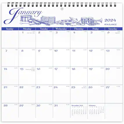 January 2024
AT-A-GLANCE
Sunday | Monday | Tuesday | Wednesday | Thursday | Friday | Saturday
--- | --- | --- | --- | --- | --- | ---
1 | 1/1965 | New Year's Day | 2 | 2/364 | 3 | 3/365 | 4 | 4/362 | 5 | 5/361 | 6 | 6/360 | Epiphany
7 | 7/359 | 8 | 8/358 | 9 | 9/357 | 10 | 10/356 | 11 | 11/355 | 12 | 12/354 | 13 | 13/353
14 | 14/352 | Martin Luther King Jr. Day | 15 | 15/351 | 16 | 16/350 | 17 | 17/349 | 18 | 18/348 | 19 |