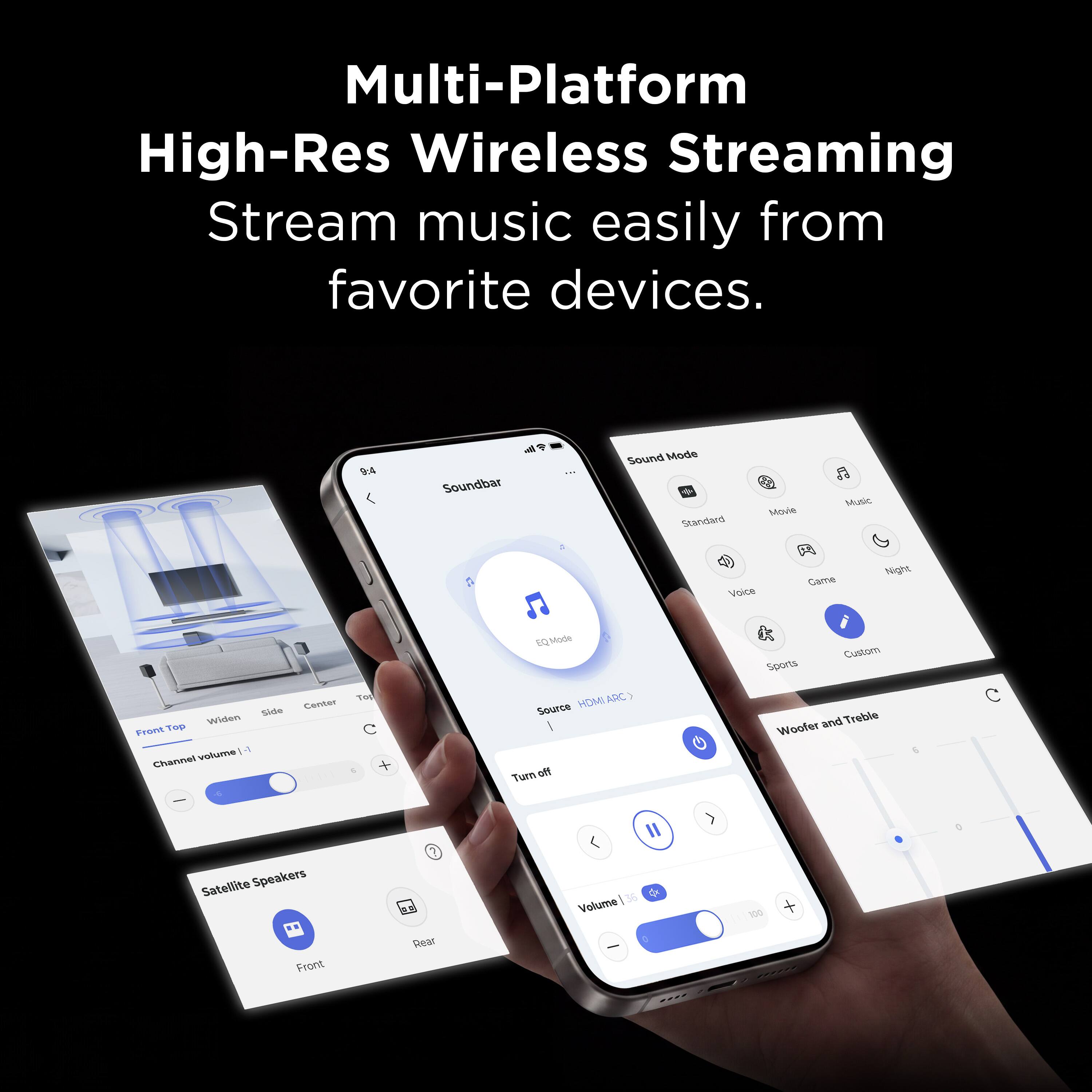 Multi-Platform High-Res Wireless Streaming  
Stream music easily from favorite devices.

8:4  
Soundbar  
Sound Mode  
Standard  
Movie  
Music  
Voice  
Game  
Night  
Side Widen Front Top  
Channel volume 6  
Center  
Top  
EQMode HDMI ARC> Source Turn off  
Custom Sports and Treble  
Woofer  
6  
0  
Satellite Speakers Front  
Rear  
Volume  
100