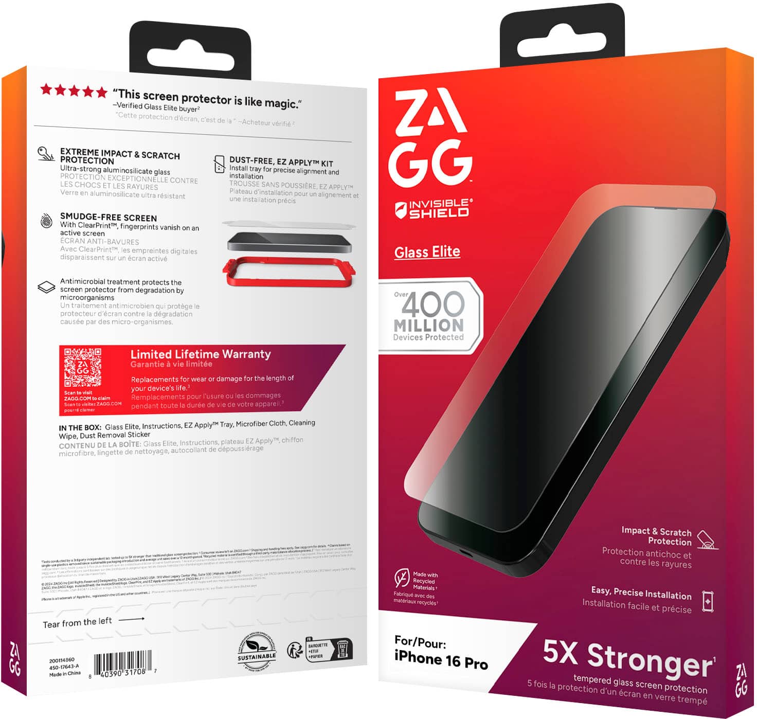 "This screen protector is like magic." - Verified Glass Elite buyer? "Cette protection d'écran est incroyable." - Acheteur vertifi4 EXTREME IMPACT SCRATCH PROTECTION DUST-FREE, EZ APPLY KIT GG Ultra-strong aluminosilicate Install tray precise glass alignment PROTECTION EXCEPTIONNELLE installation CONTRE TROUSSE LES CHOCS LES RAYURES SANS POUSSIERE APPLYT Verra aluminosilicate Plateau d'installation pour ultra rsistant alignement installation prcis INVISIBLE SMUDGE-FREE SCREEN SHIELD With ClearPrint fingerprints vanish active screen ECRAN ANTI-BAVURES Avec ClearPrint empreintes digitales Elite disparaissent Glass scran active Antimicrobial treatment protects the screen protector from degradation microorganisms traitement antimicrobien protage protecteur d'cran contre dgradation cause des micro-organismes Limited Lifetime Warranty Garantie vie Emite Replacements wear damage length your device's ldo. TASO Remplacements pour l'usure dommages Sante pende toute la durée de votre appareil.