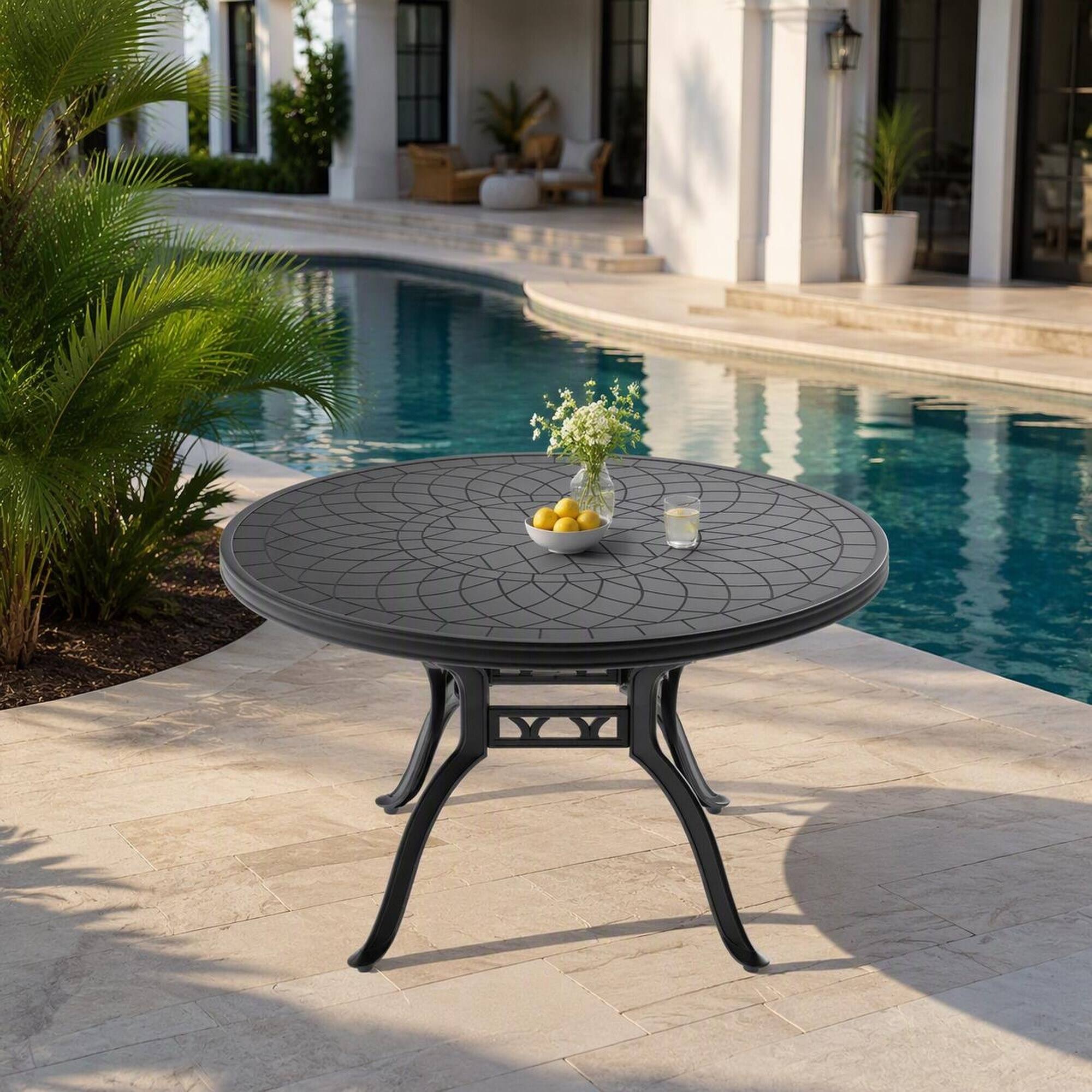 Left. RYHNUYNE - Round Cast Aluminum Patio Dining Table 47.24", Black Outdoor Garden Bistro Furniture for Garden Deck Balcony - Black.