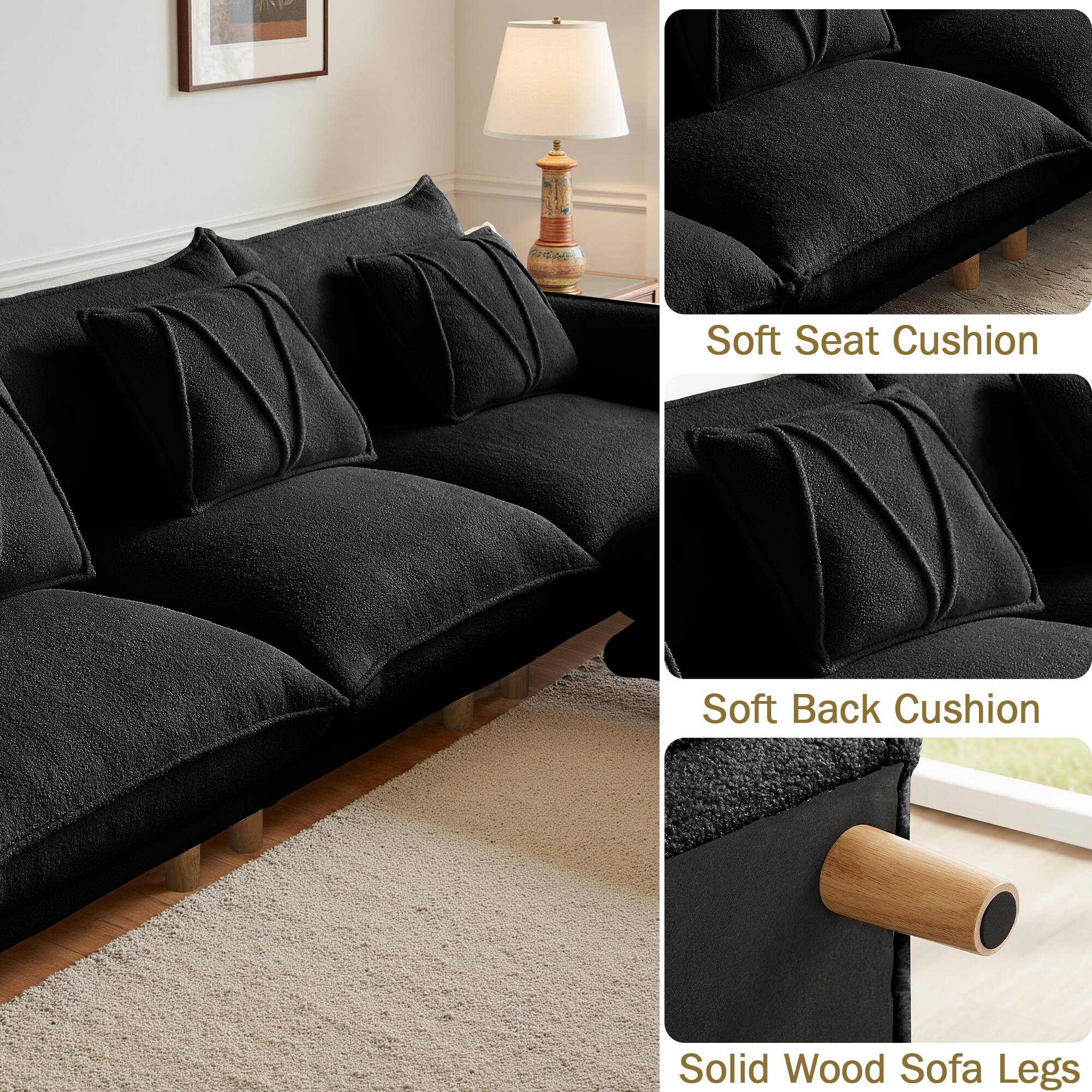 - Soft Seat Cushion
- Soft Back Cushion
- Solid Wood Sofa Legs