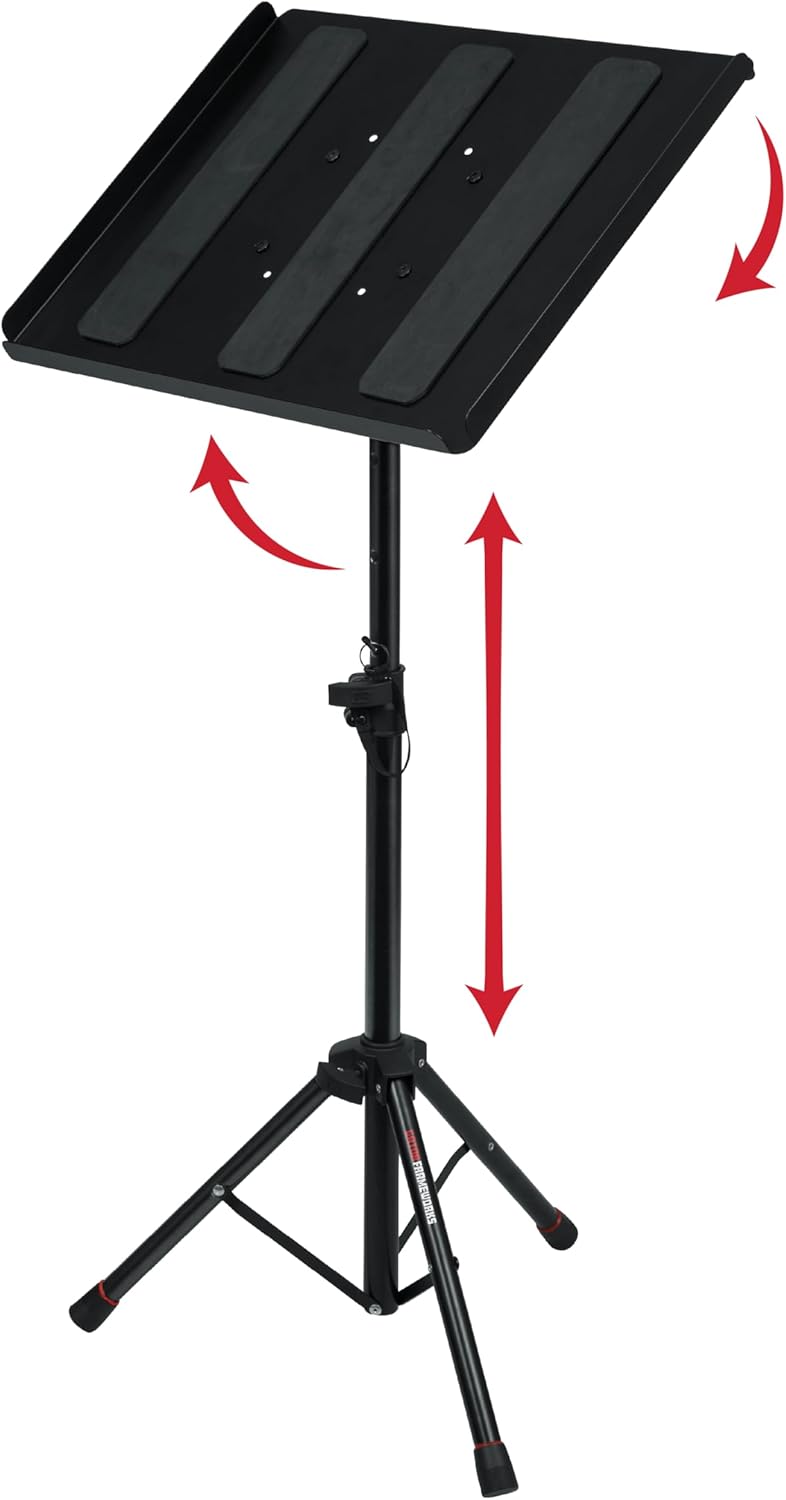 Front. Gator Frameworks - Compact Adjustable Media Tray Stand with Tripod Base, VESA Mount, and Height Adjustment.