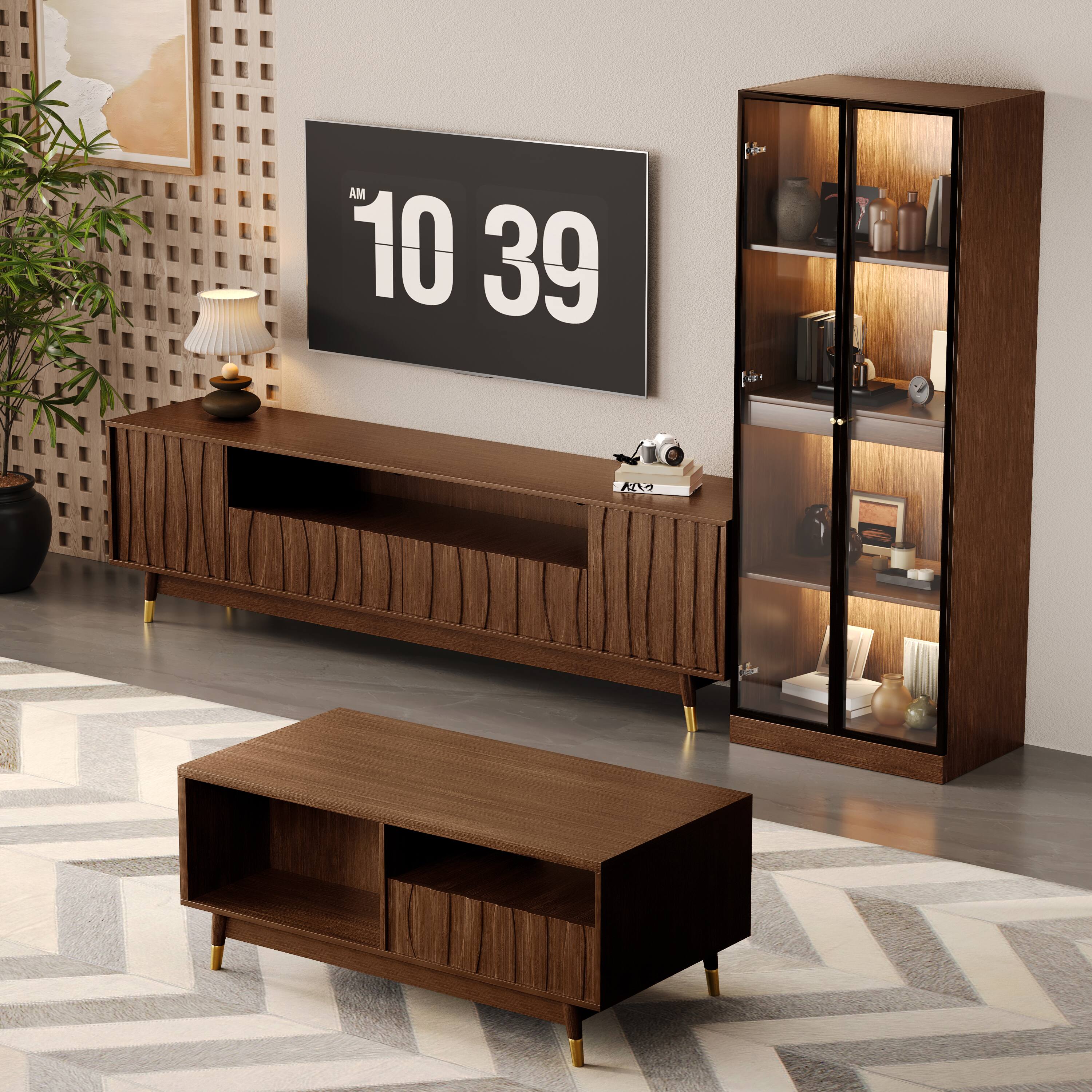 Alt View 1. MSOOB - 3 Pieces Entertainment Center For TVs up to 85'' Mid Century Modern TV Stand Glass Display Cabinet and Coffee Table - brown.