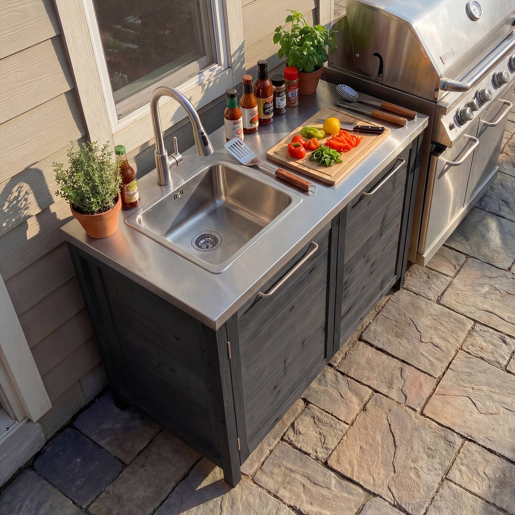 Alt View 1. Famapy - Modular Solid Cedar Outdoor Kitchen Cabinets - All-Weather Storage with Stainless Steel Top for Patio, Grill Station - Carbon Black.