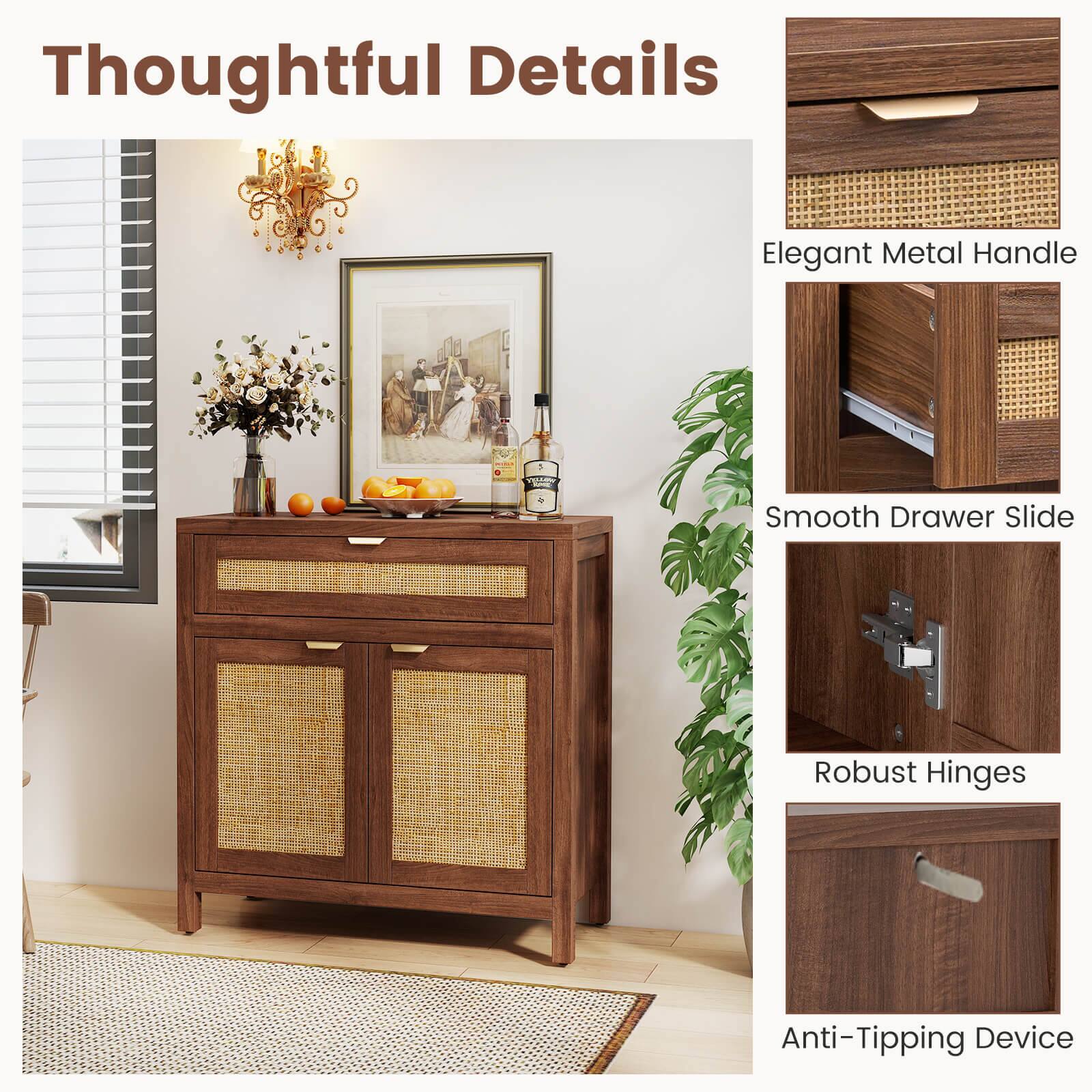 Thoughtful Details

- Elegant Metal Handle
- Smooth Drawer Slide
- Robust Hinges
- Anti-Tipping Device