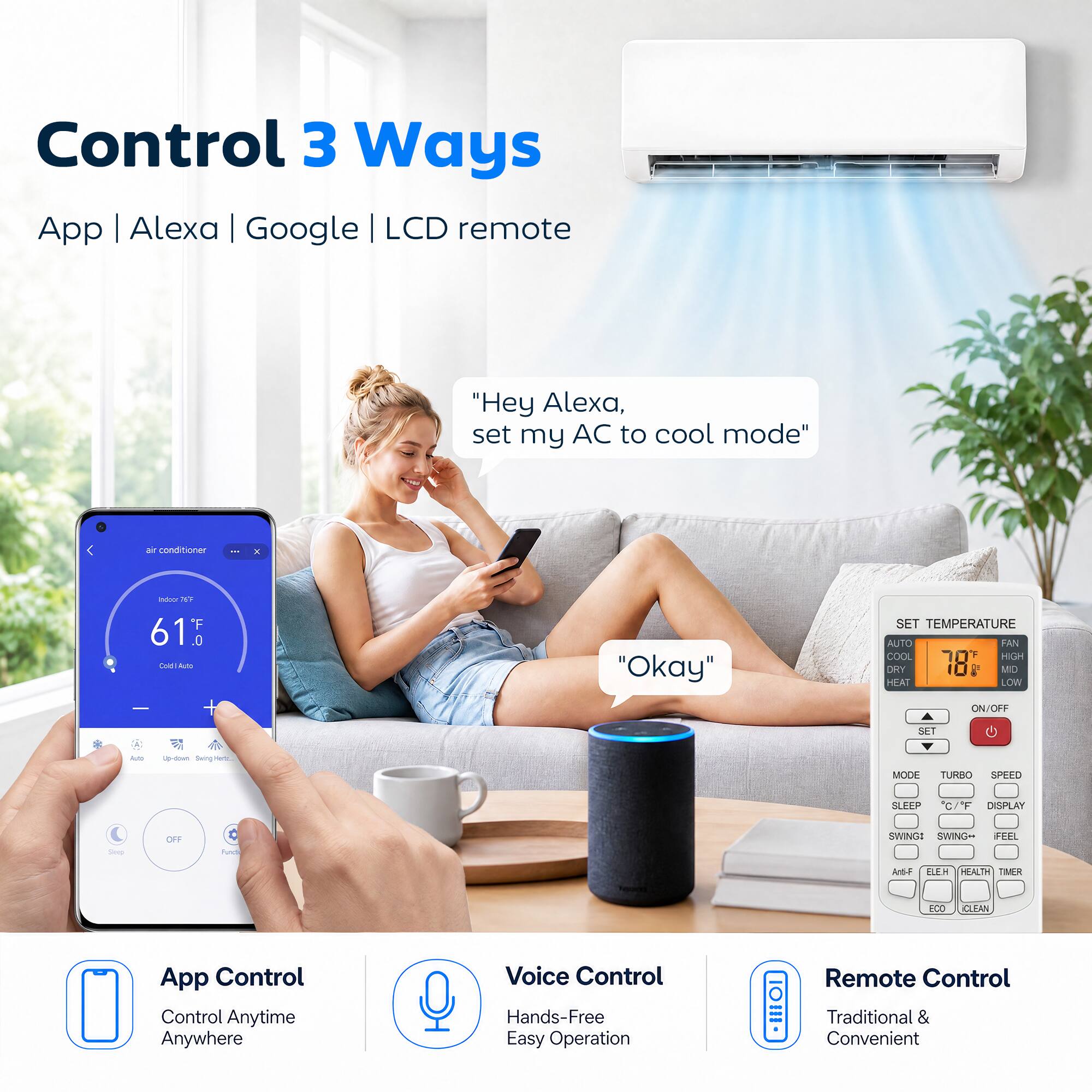 Control 3 Ways App | Alexa | Google | LCD remote

"Hey Alexa, set my AC to cool mode" - contiiar - - N F 61 0 Caie - "Okay" SET TEMPERATURE AUTO FAN COOL HIGH DRY 18% MIO HEAT LOW ON/OFF SET - - berng - MODE TURMIO SPEED SLPFP C/Y DESPLAY - OF I SWINGS SWING-- FEEL AG EEM HEALTH TIMER CO KLTAN

App Control
Control Anytime Anywhere

Voice Control
Hands-Free Easy Operation

Remote Control
Traditional & Convenient